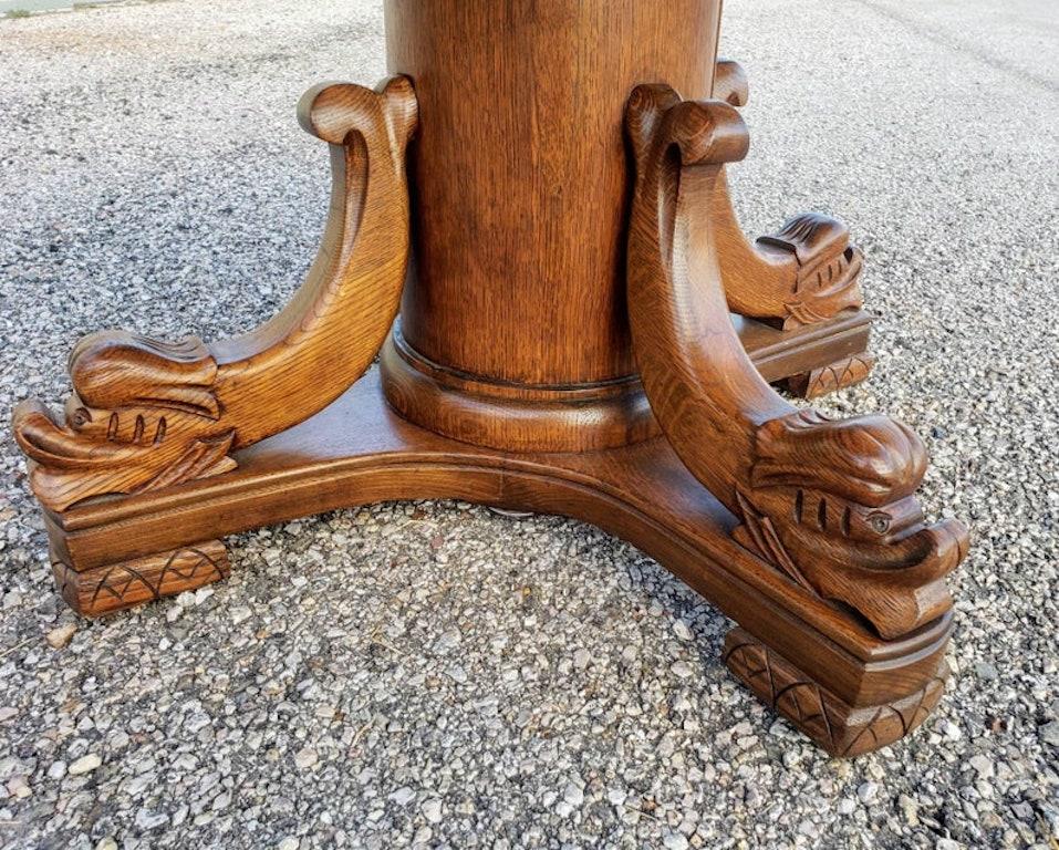Oak Antique American Pedestal Figural Carved Extension Dining Table For Sale