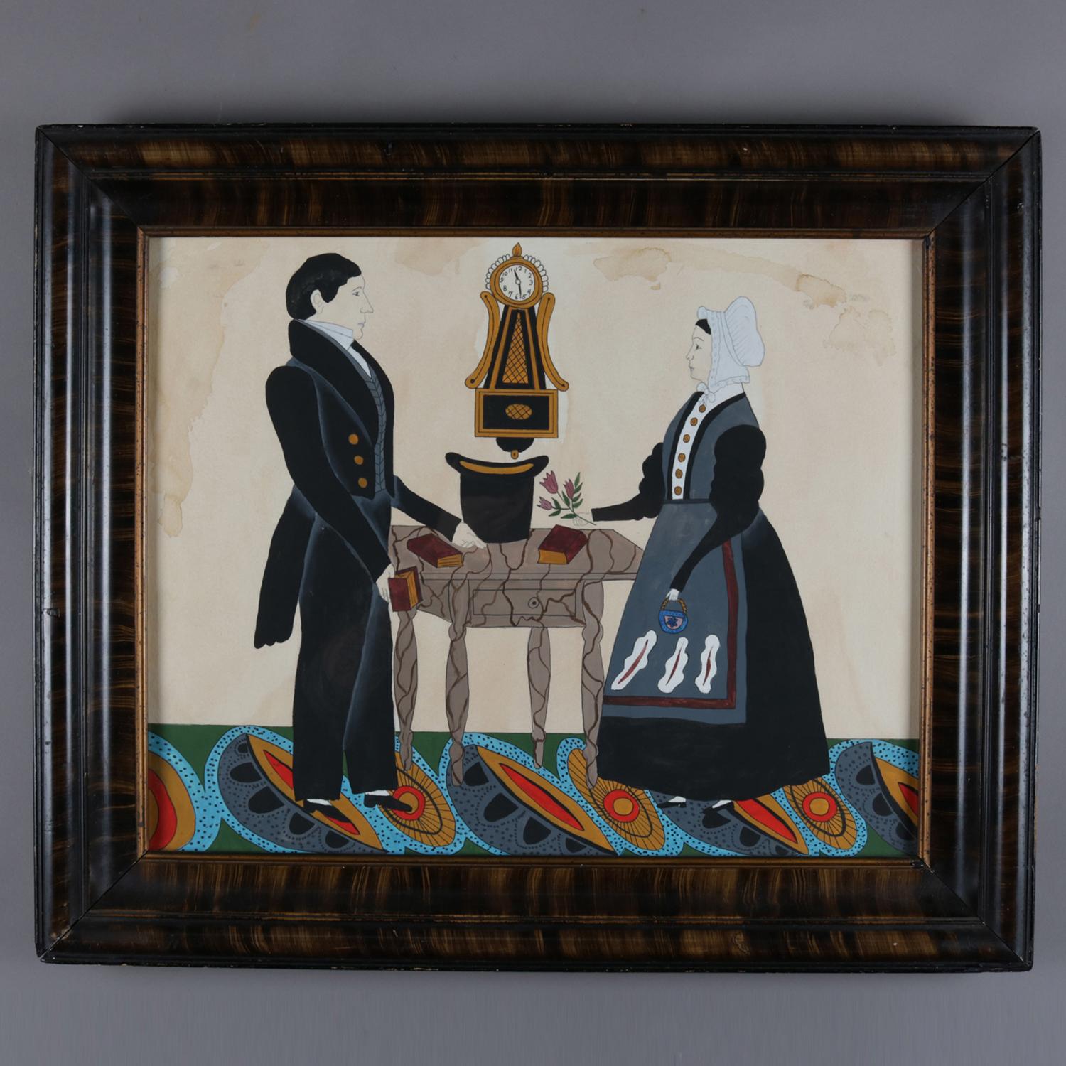 An antique American Boston, Mass. Colonial portrait painting ink and paint on paper Folk Art depicts interior scene of courting couple in kitchen paper, seated in grain painted frame, in the manner of Joseph H. Davis (American 1832-1837), also in
