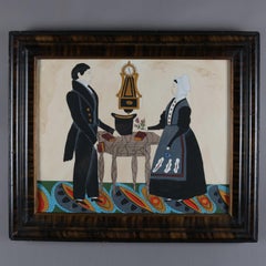 Antique American Boston Colonial Folk Art Portrait Painting, Courting Couple