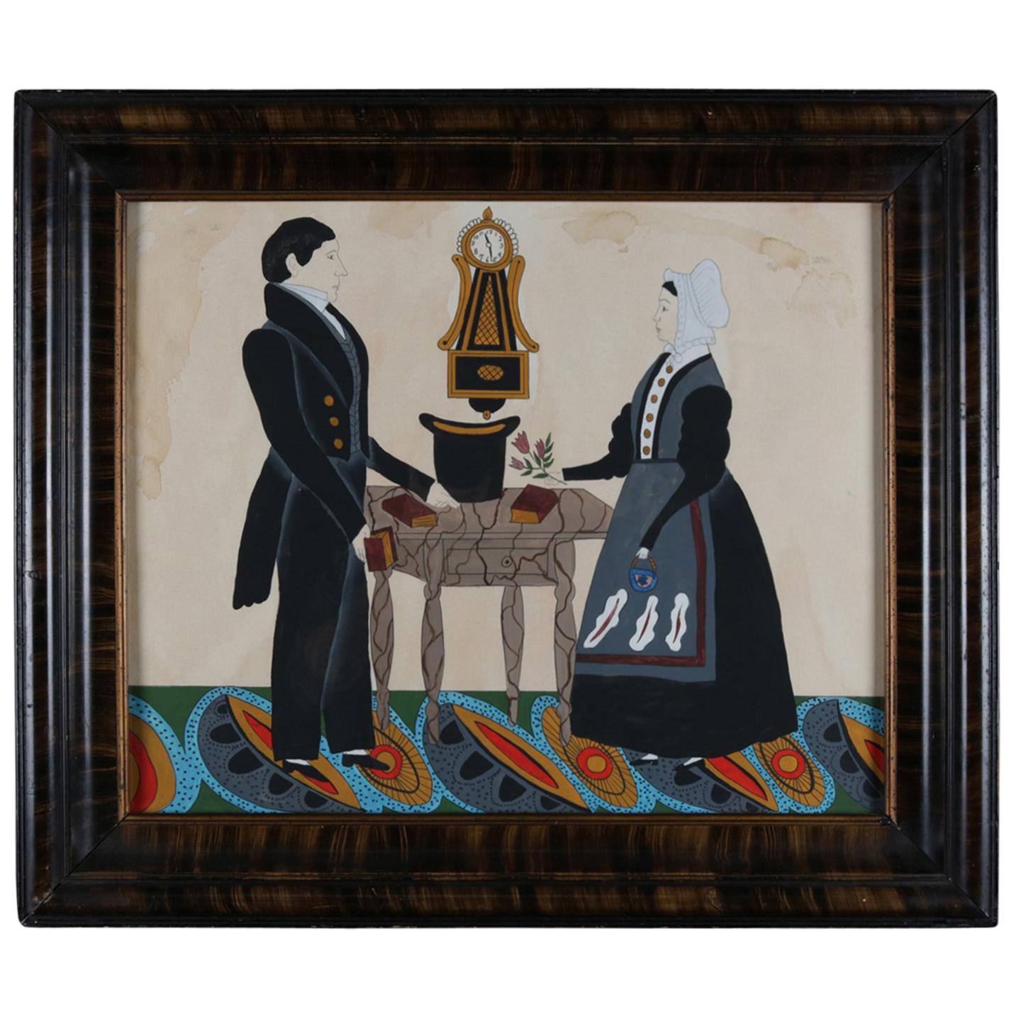 Antique American Boston Colonial Folk Art Portrait Painting, Courting Couple