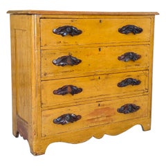 Antique American Pine Chest of Drawers With Carved Walnut Pulls in Original Must
