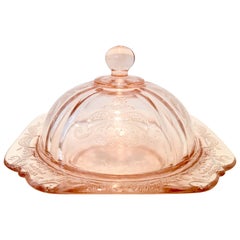 Antique bol couvert carré et rond en verre américain rose de dépression