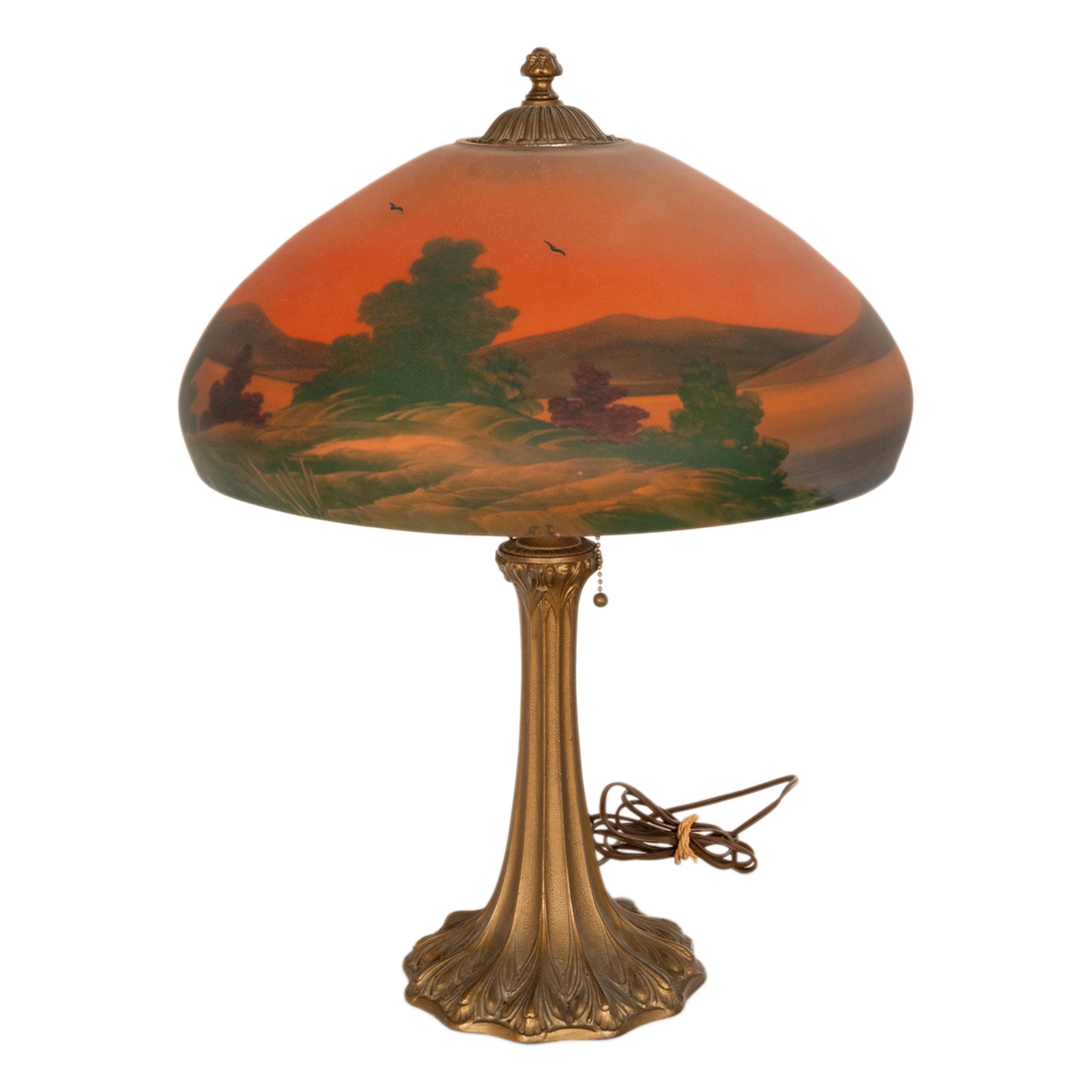 Antique American Pittsburgh Reverse Painted Glass Bronze Table Lamp Signed 1920 4