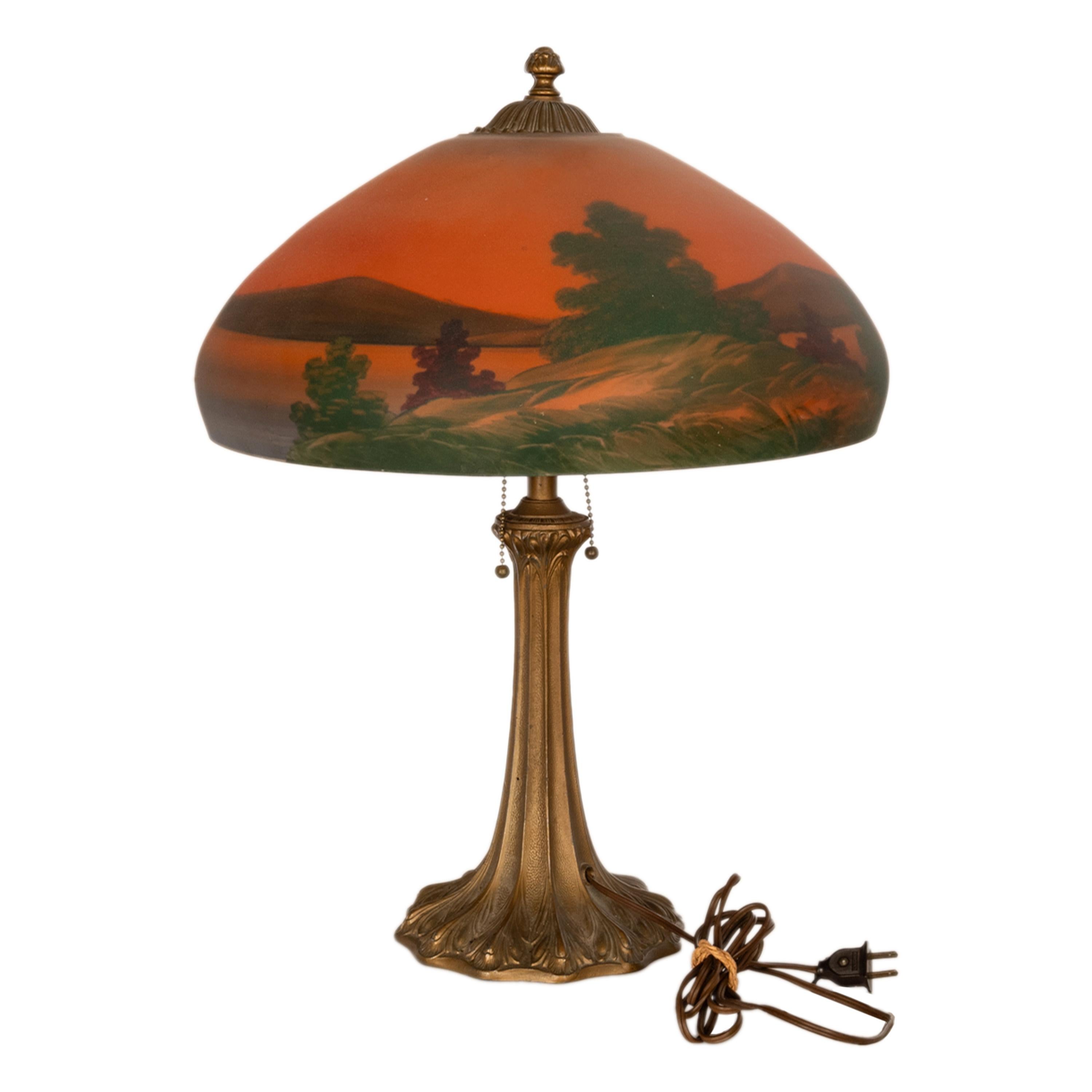 Antique American Pittsburgh Reverse Painted Glass Bronze Table Lamp Signed 1920 5