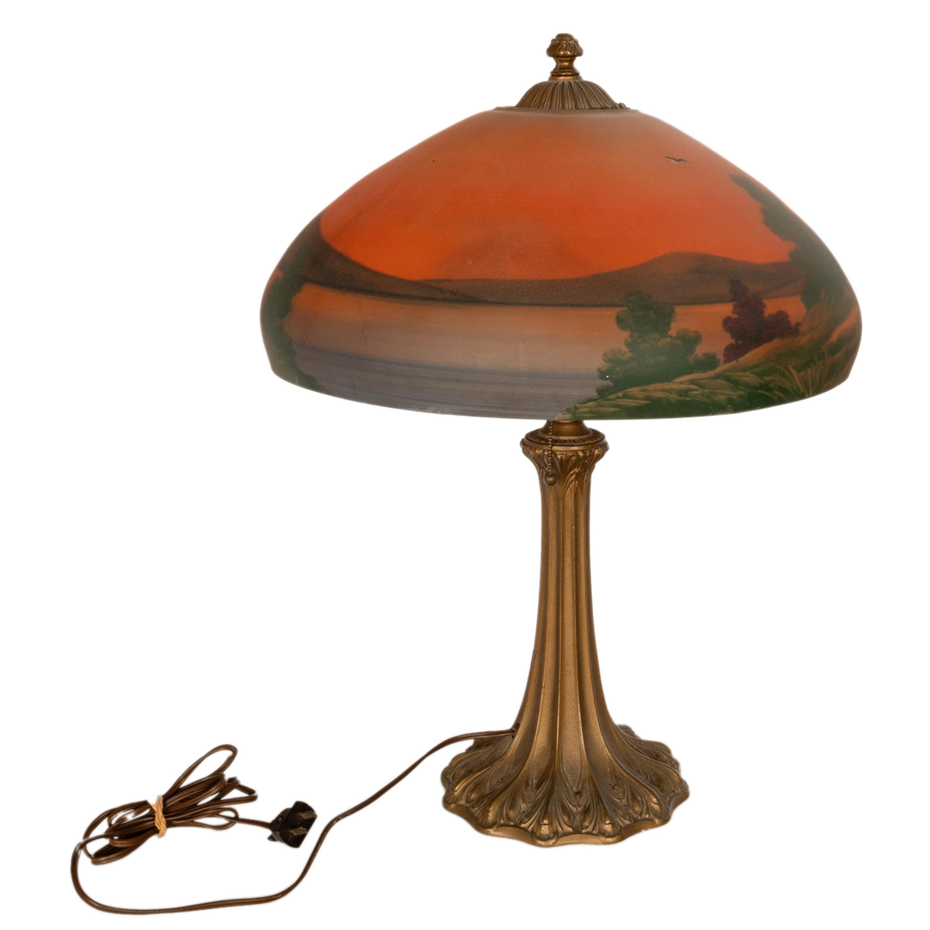 Antique American Pittsburgh Reverse Painted Glass Bronze Table Lamp Signed 1920 6