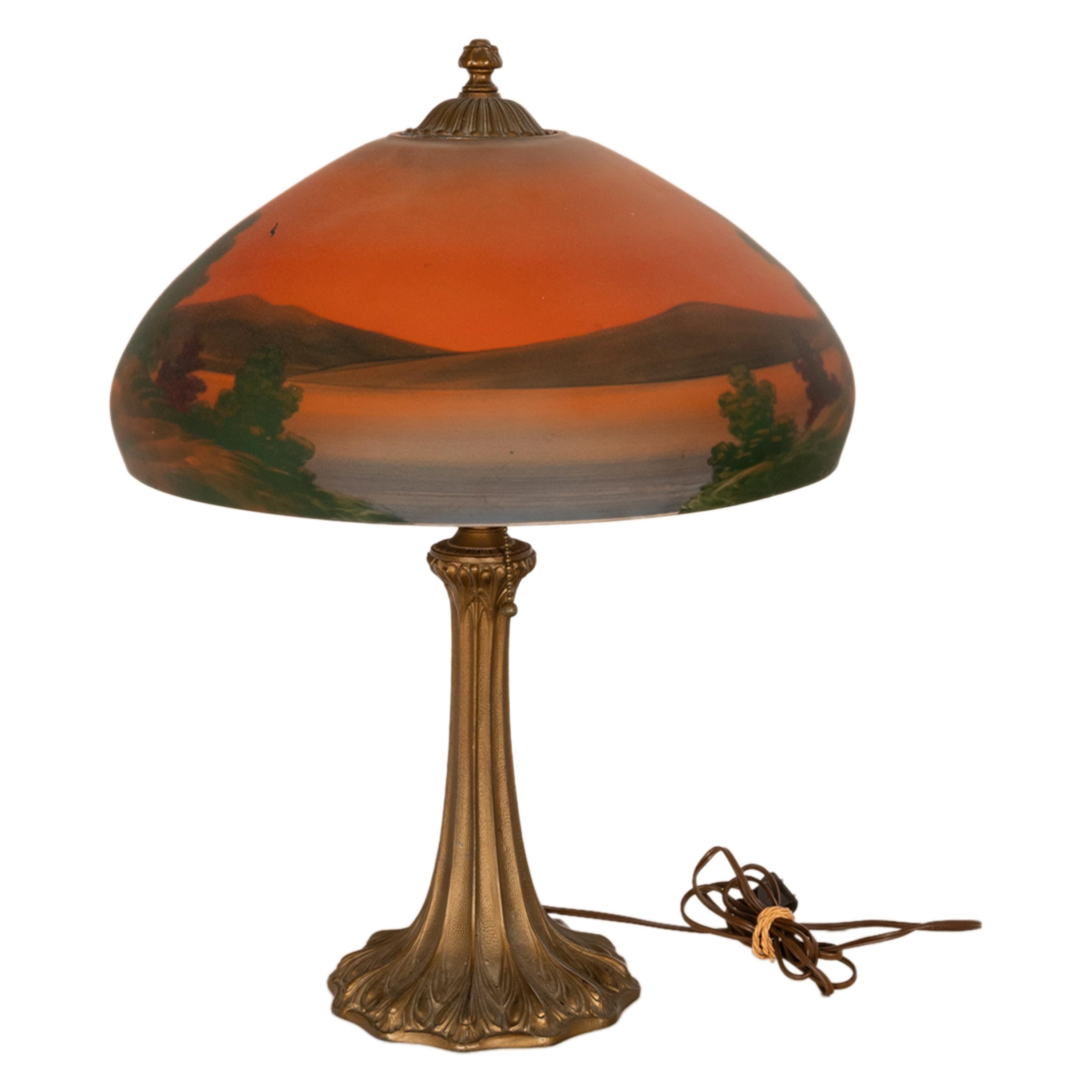 Antique American Pittsburgh Reverse Painted Glass Bronze Table Lamp Signed 1920 7