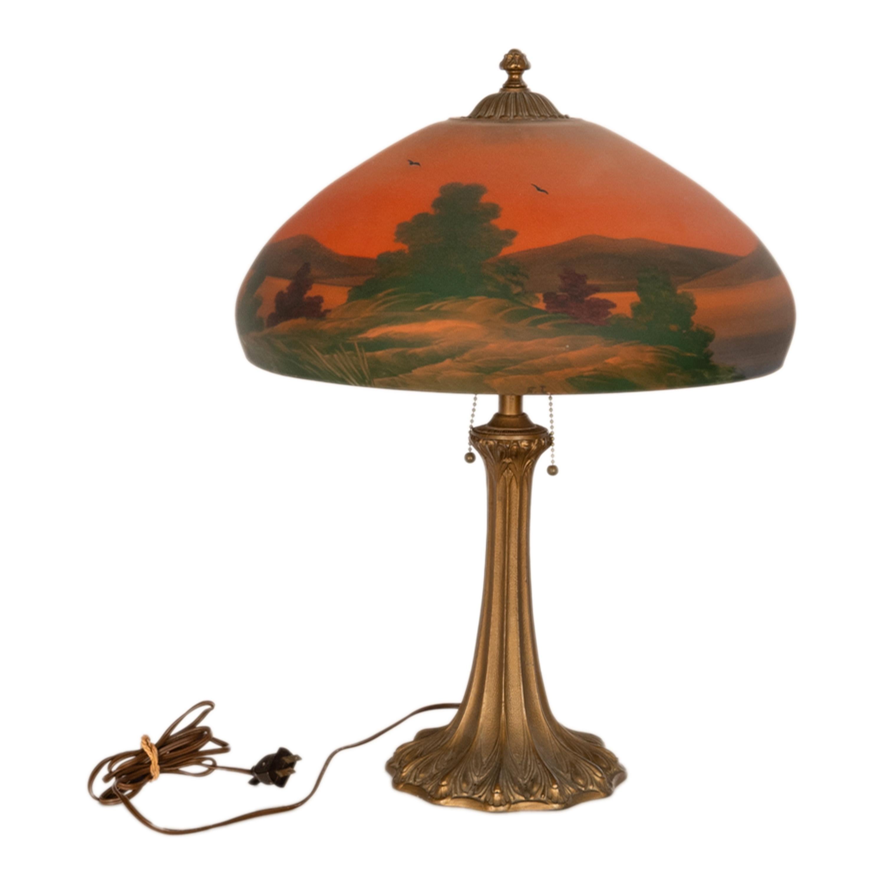 Antique American Pittsburgh Reverse Painted Glass Bronze Table Lamp Signed 1920 8