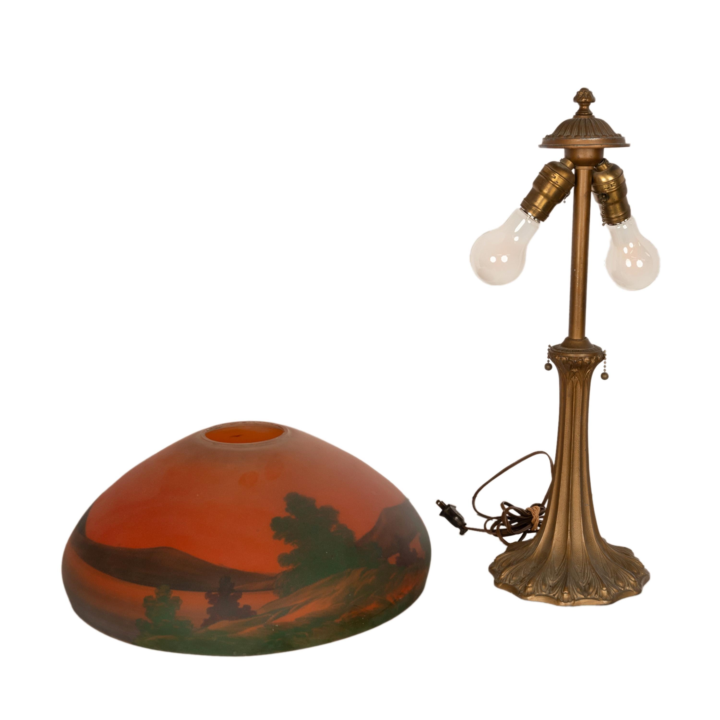 Antique American Pittsburgh Reverse Painted Glass Bronze Table Lamp Signed 1920 9
