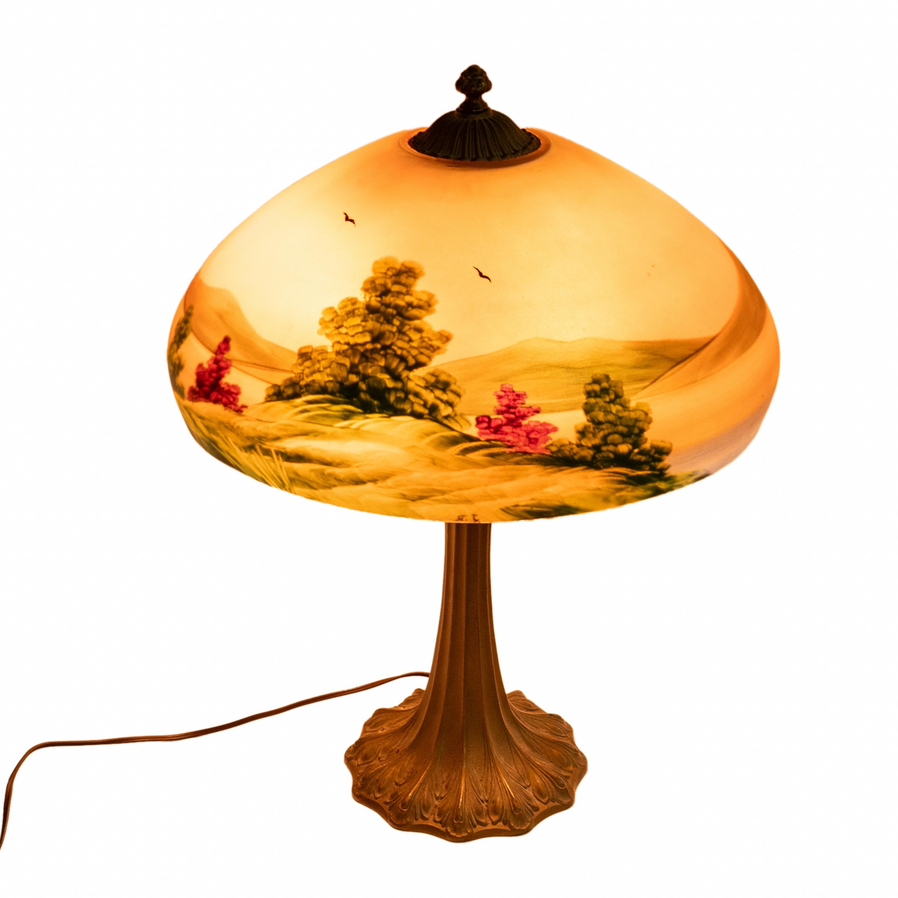 Arts and Crafts Antique American Pittsburgh Reverse Painted Glass Bronze Table Lamp Signed 1920