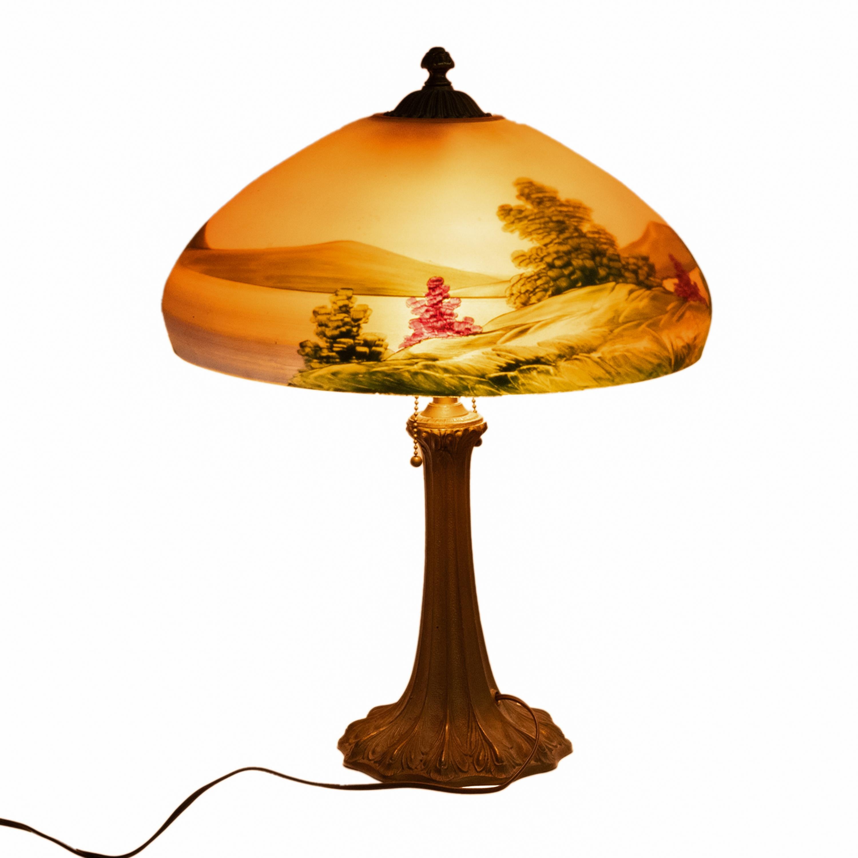 Hand-Painted Antique American Pittsburgh Reverse Painted Glass Bronze Table Lamp Signed 1920