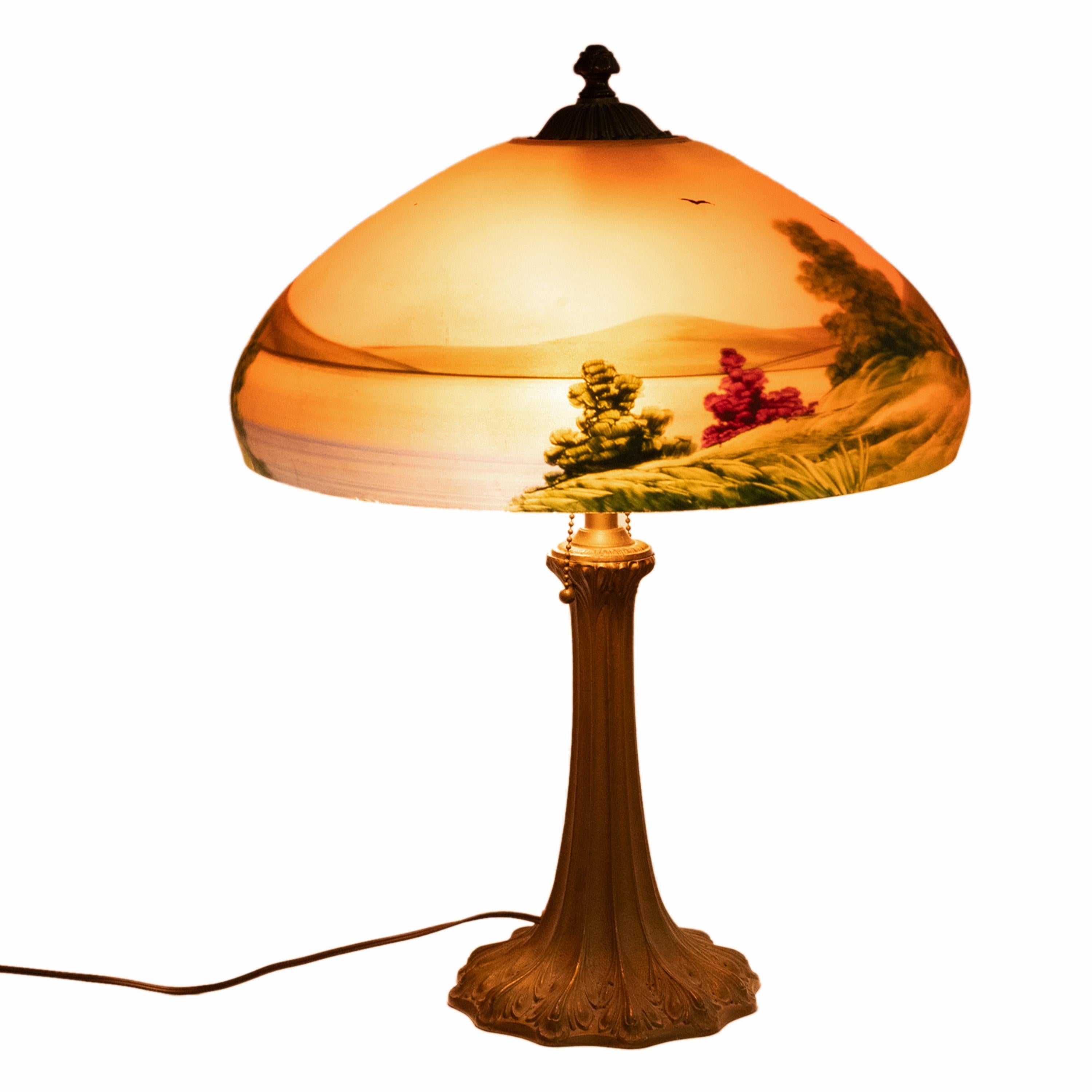 Antique American Pittsburgh Reverse Painted Glass Bronze Table Lamp Signed 1920 In Good Condition In Portland, OR