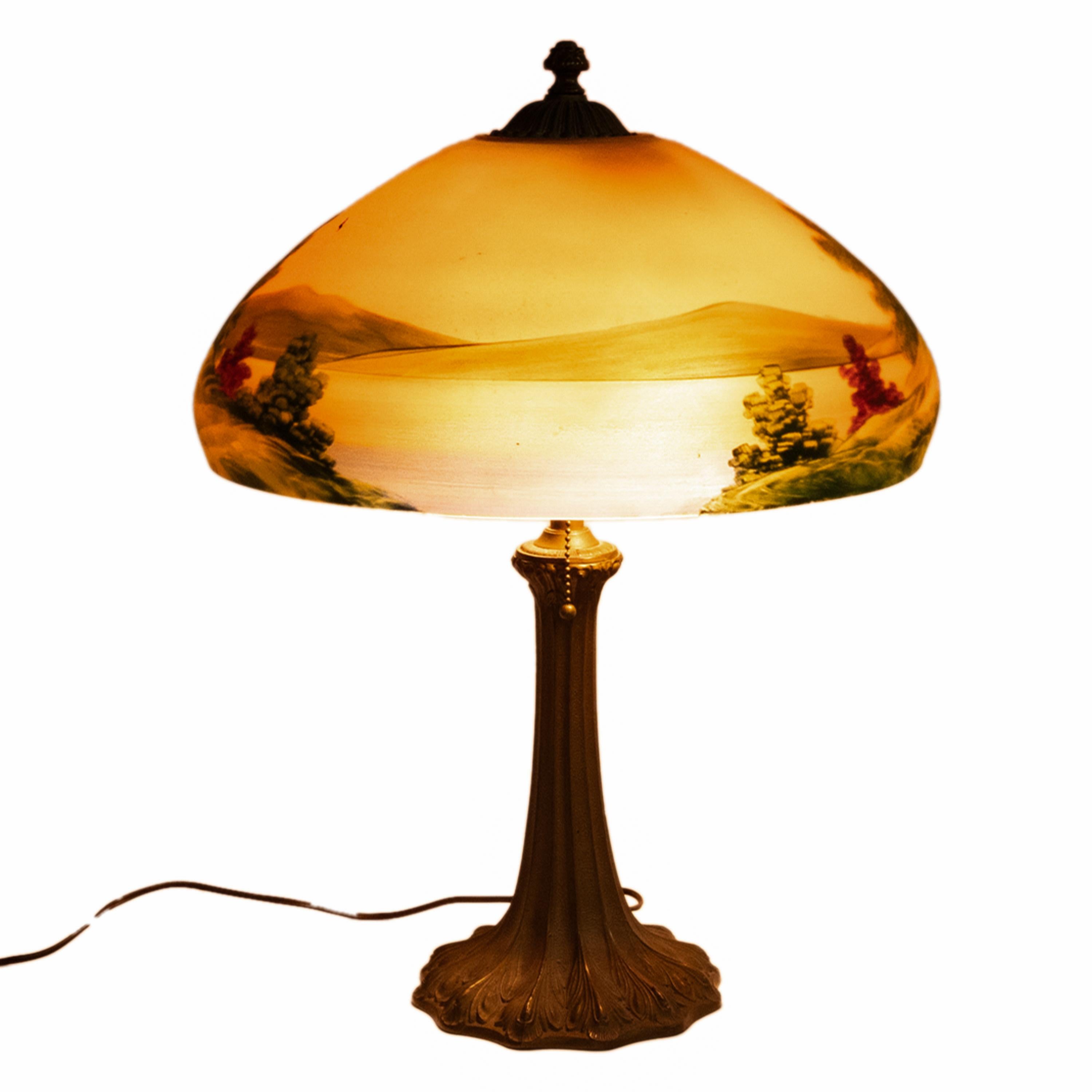 Early 20th Century Antique American Pittsburgh Reverse Painted Glass Bronze Table Lamp Signed 1920