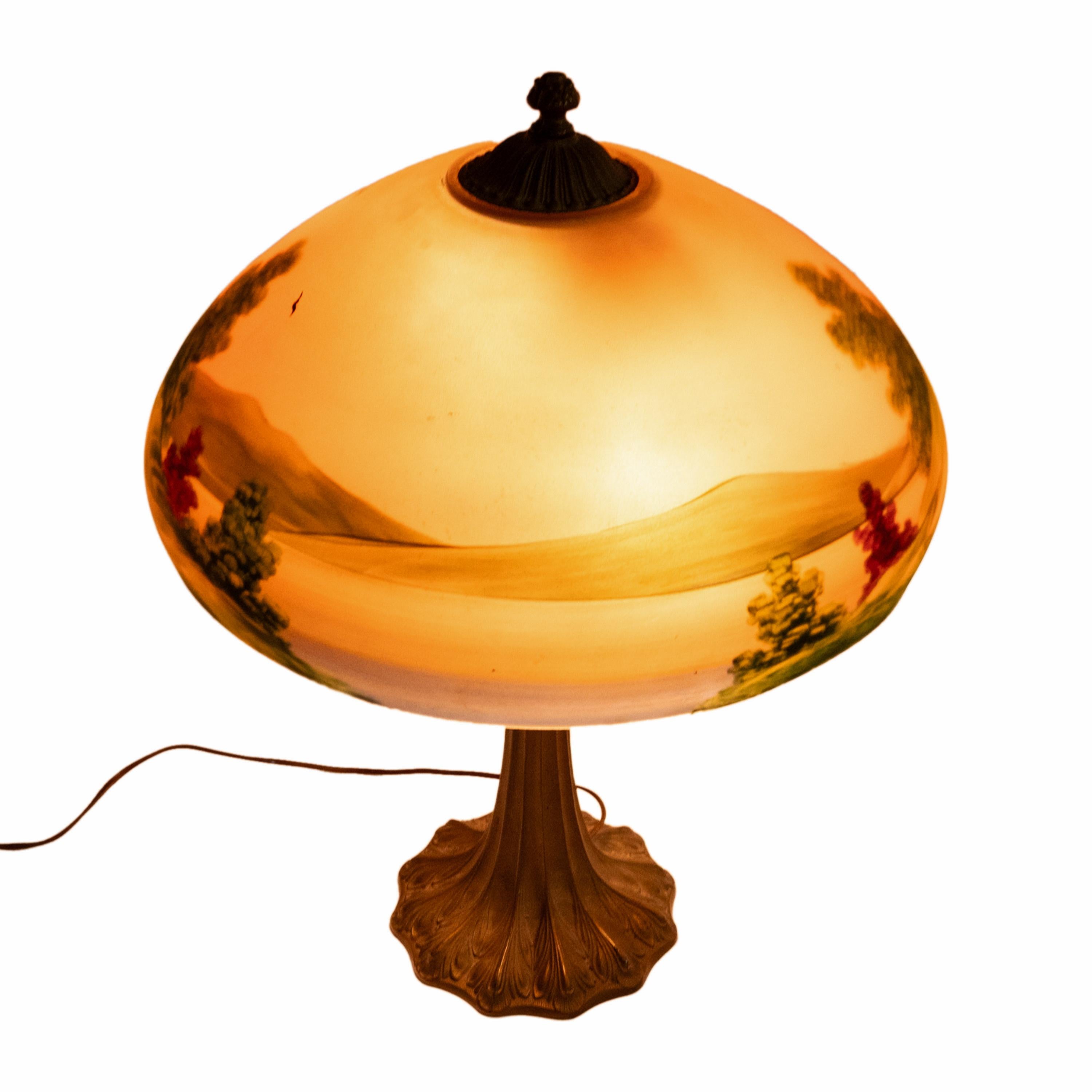 Antique American Pittsburgh Reverse Painted Glass Bronze Table Lamp Signed 1920 1