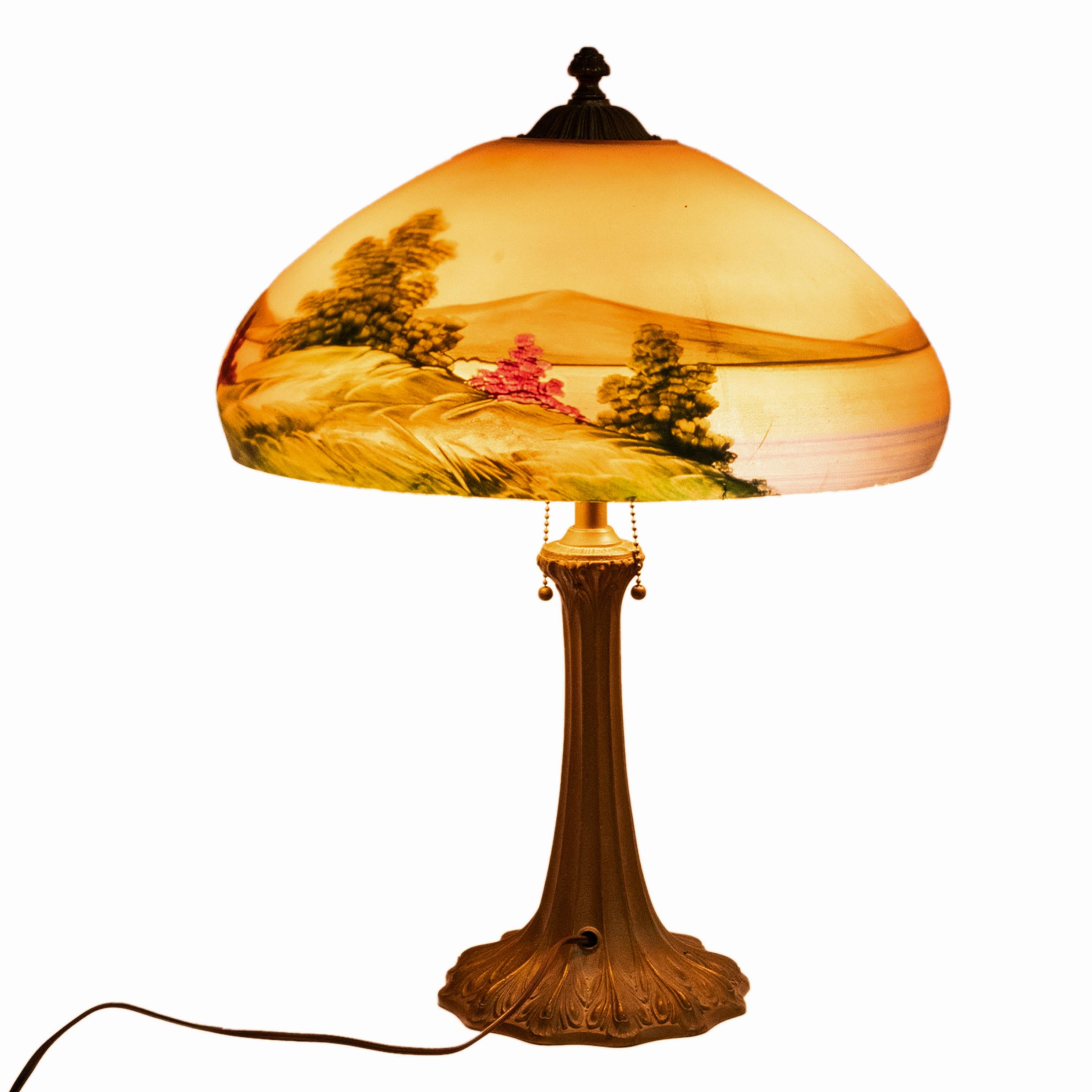Antique American Pittsburgh Reverse Painted Glass Bronze Table Lamp Signed 1920 2