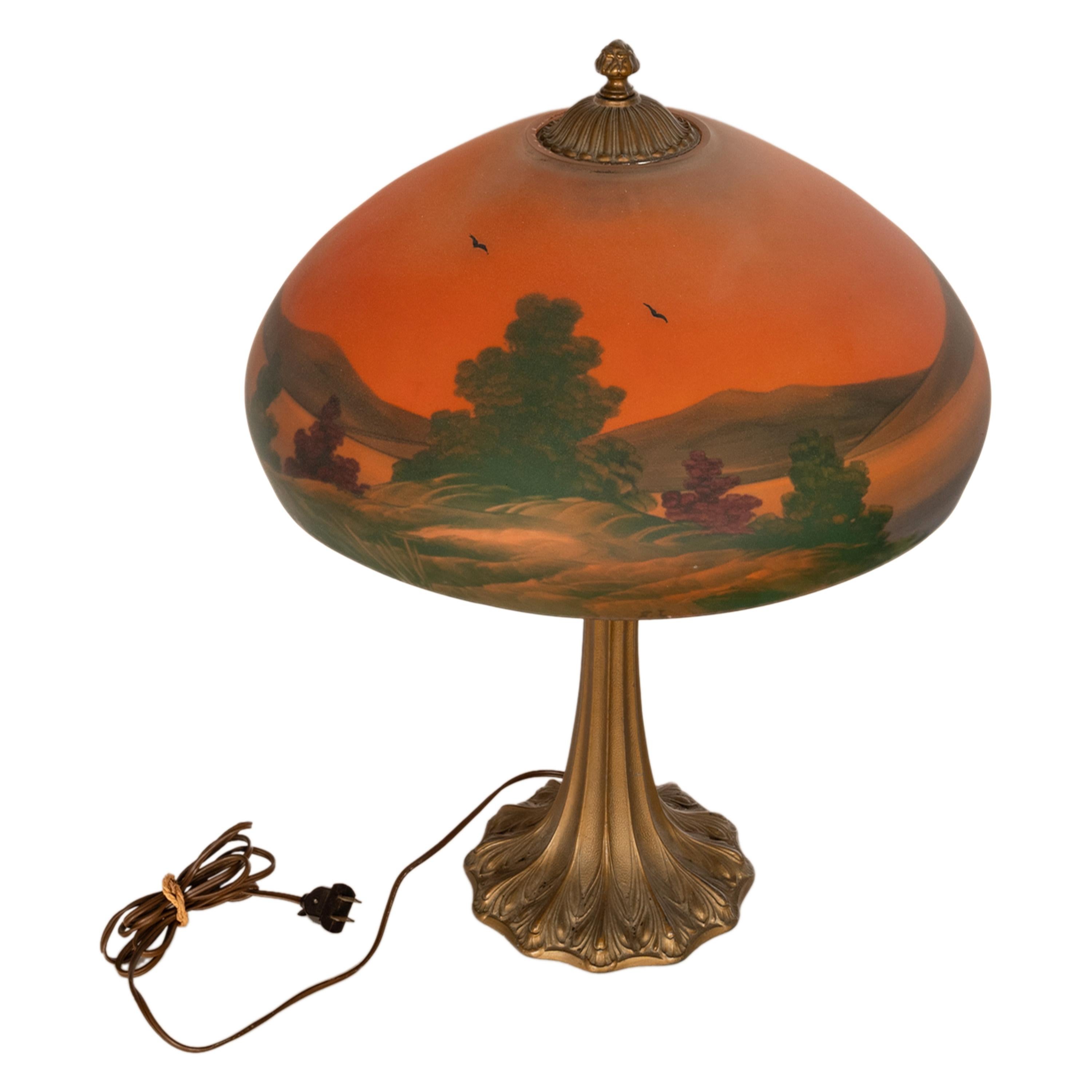 Antique American Pittsburgh Reverse Painted Glass Bronze Table Lamp Signed 1920 3