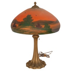Antique American Pittsburgh Reverse Painted Glass Bronze Table Lamp Signed 1920