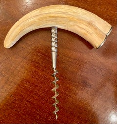 Antique American Polished Nickel Boar's Tusk Corkscrew, Sterling Silver Mounted