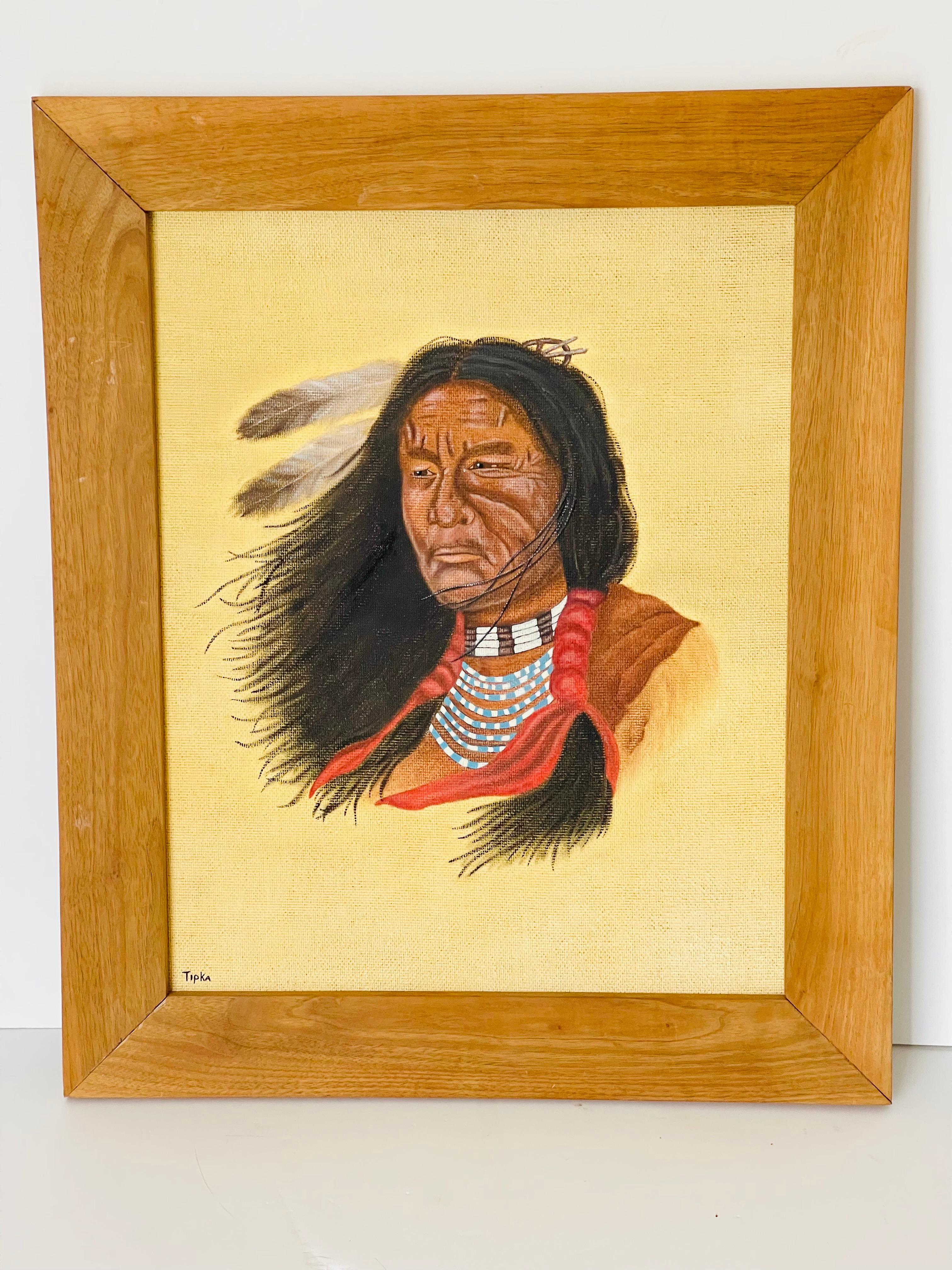 Antiguo retrato americano sobre tabla de lienzo de un jefe nativo americano, firmado abajo a la izquierda.