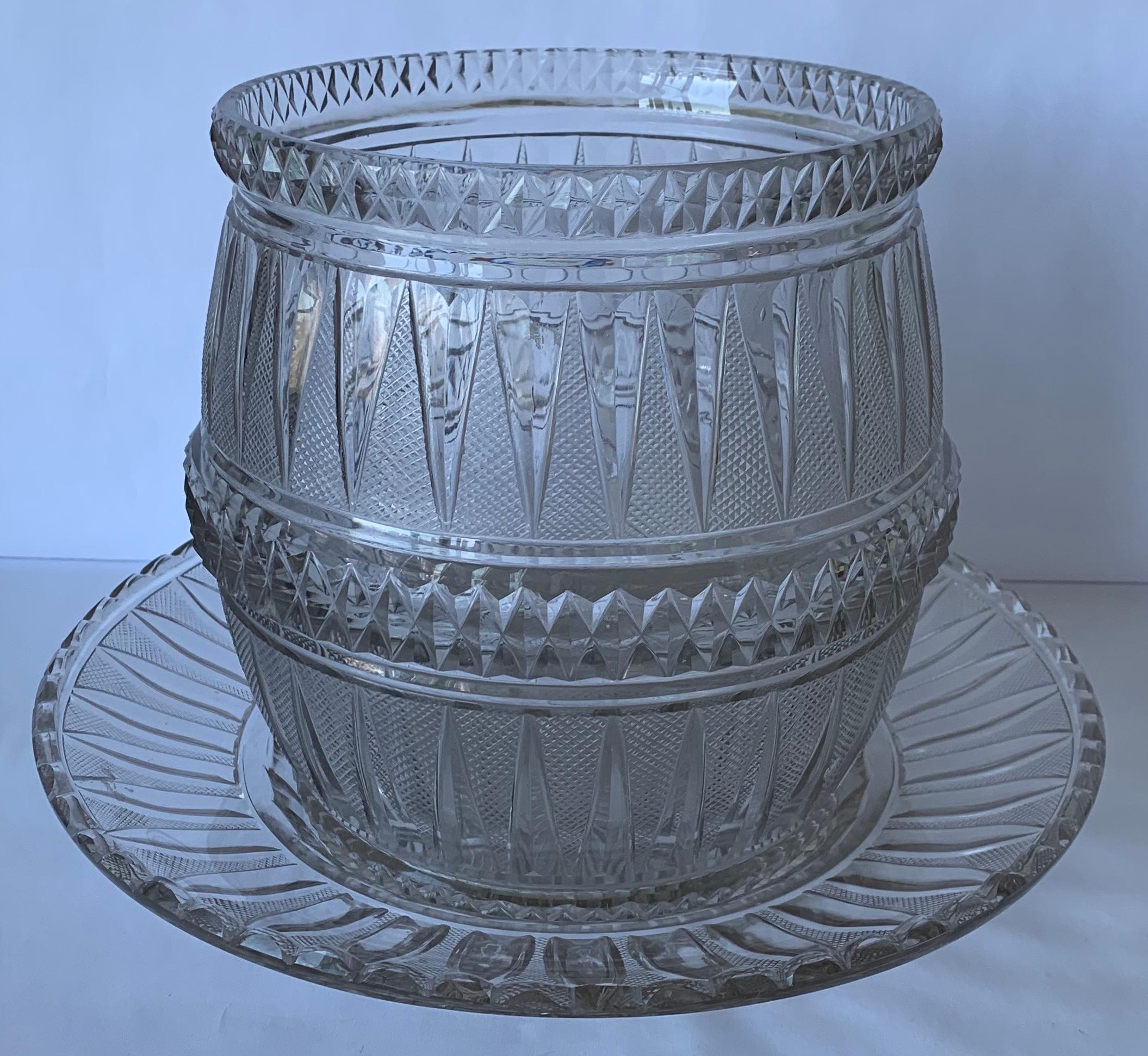 Antique American pressed glass punchbowl and underplate. Plate is 12” wide x 2” tall. Overall height with plate and bowl is 9.5” tall.