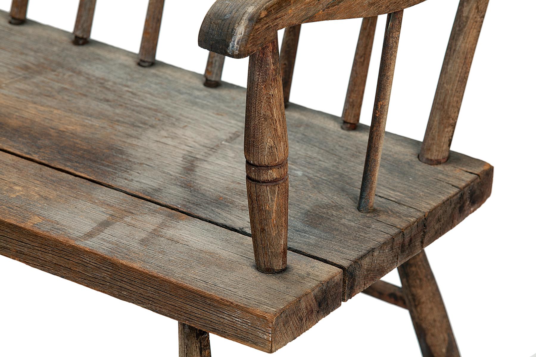 Pine Antique American Primitive Armed Bench