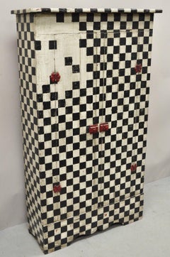 Antique American Black and White Checkerboard Kitchen Cupboard Cabinet