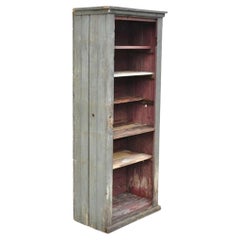 Antique American Primitive Blue Green Distress Painted Bookcase Cupboard Cabinet