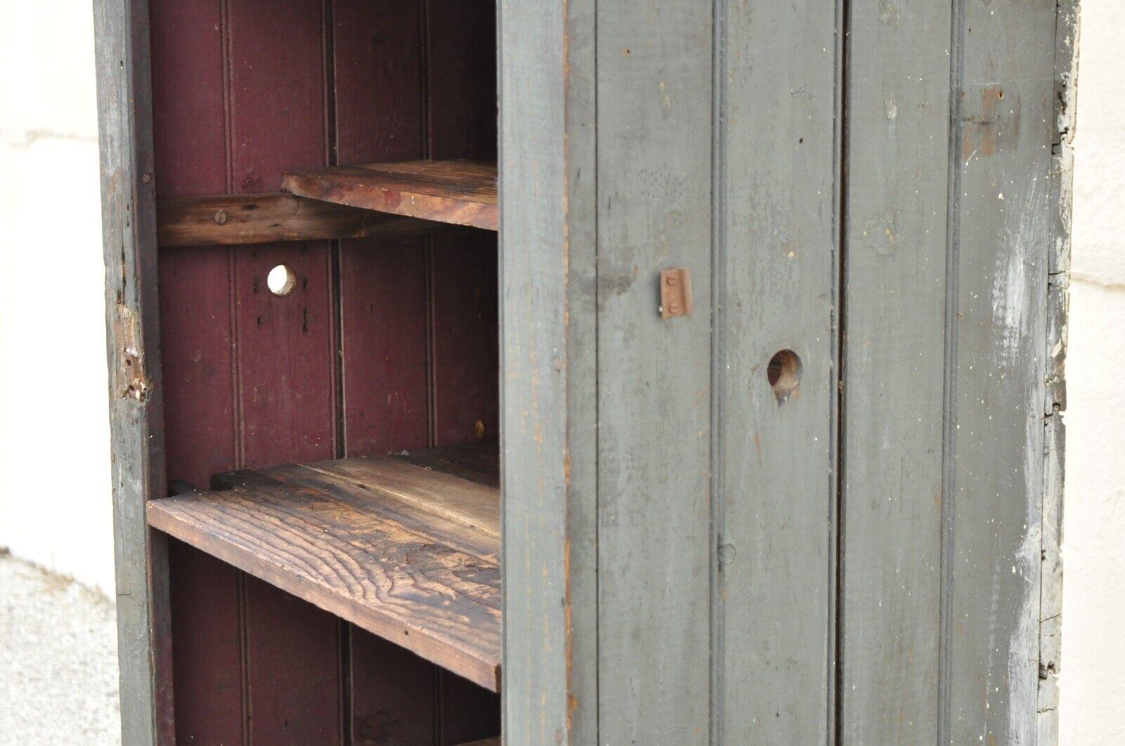 Antique American Primitive Blue Green Distressed Painted Tall Kitchen Cupboard For Sale 4