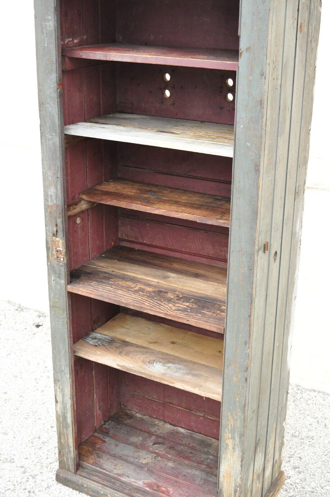 Antique American Primitive Blue Green Distressed Painted Tall Kitchen Cupboard For Sale 5
