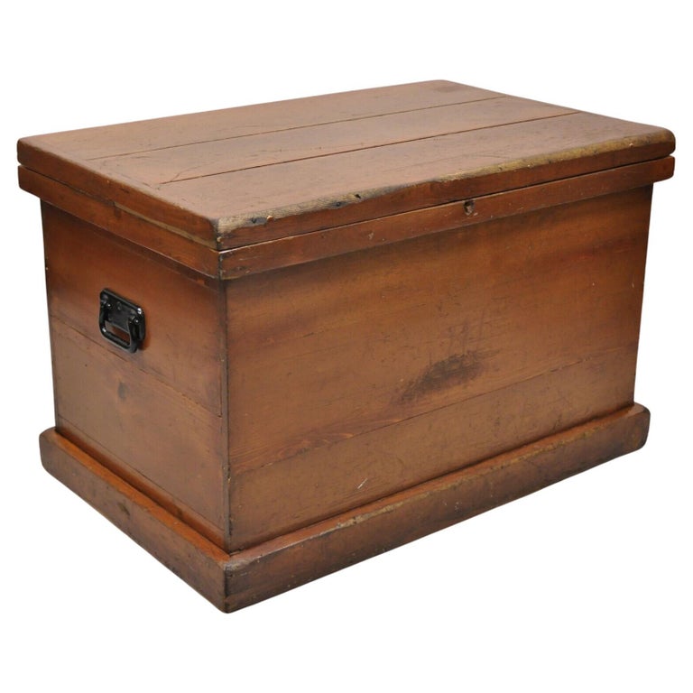 Antique American Primitive Brown Wooden Blanket Chest Trunk For Sale at