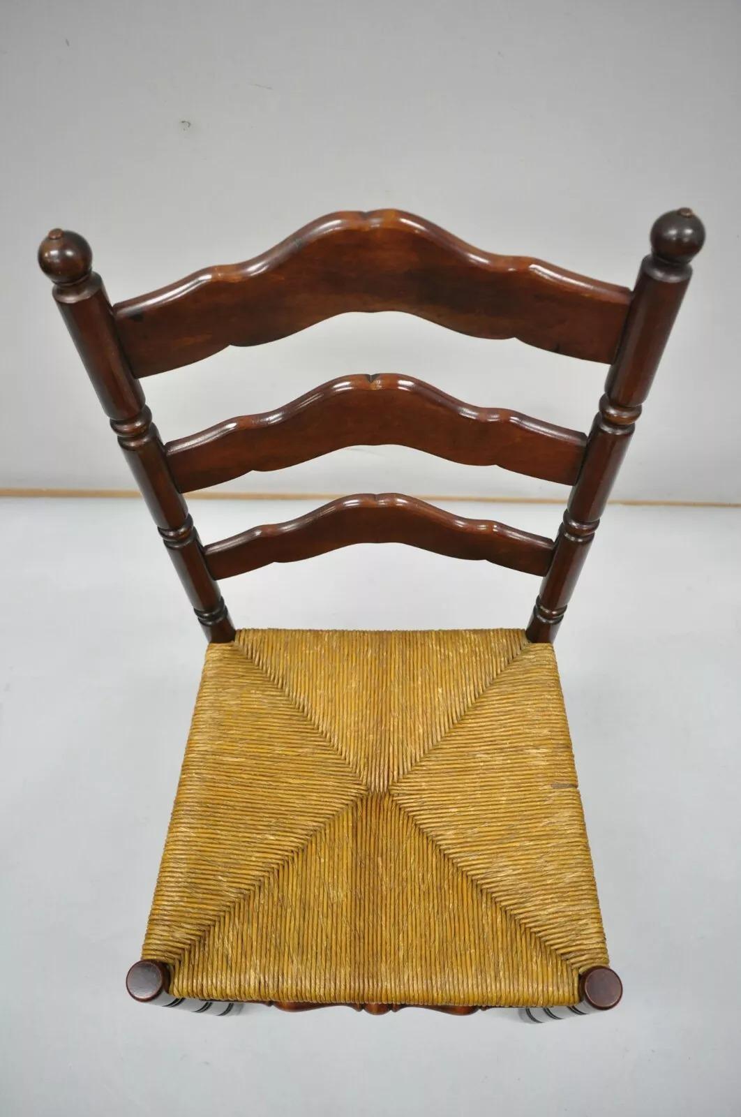 Unknown Antique American Primitive Cherry Wood Woven Rush Seat Ladder Back Side Chair