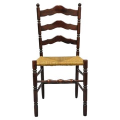 Antique American Primitive Cherry Wood Woven Rush Seat Ladder Back Side Chair