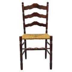 Antique American Primitive Cherry Wood Woven Rush Seat Ladder Back Side Chair