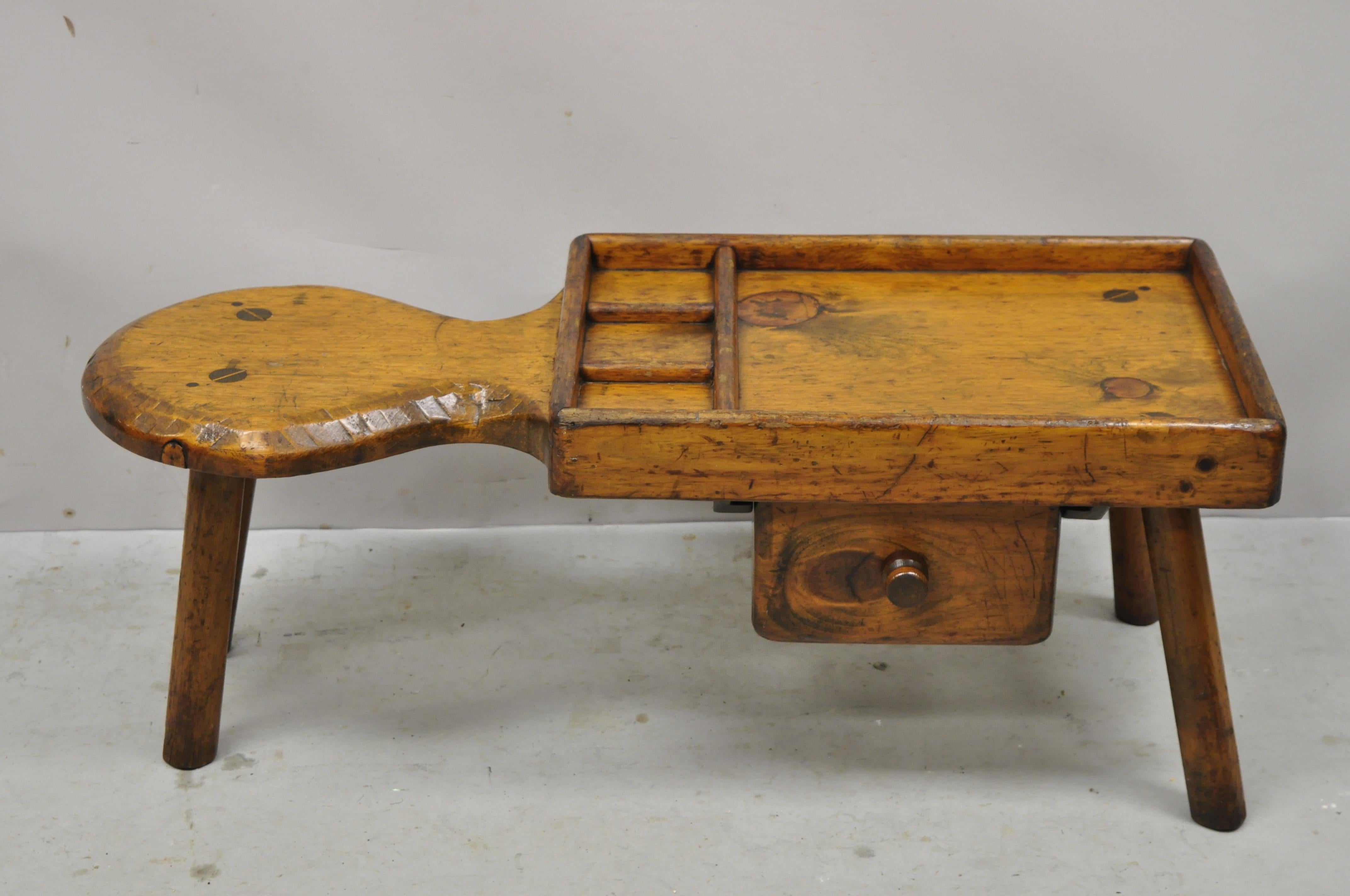 Antique American Primitive Cobbler's Bench Pine Wood Coffee Table Work Table. Item signed to underside, 