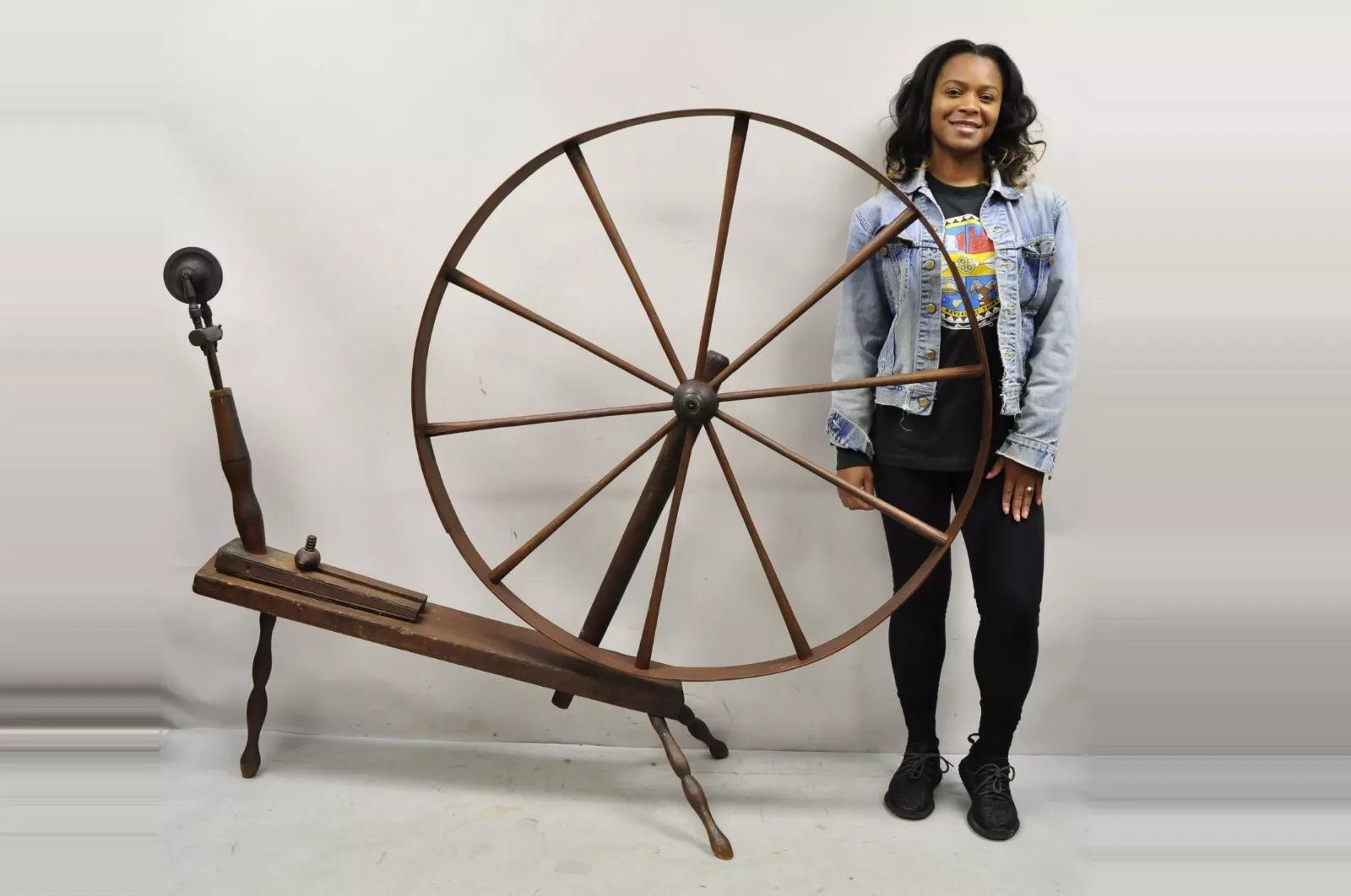 Antique American Primitive Colonial Wooden Country Spinning Wheel Item features 46