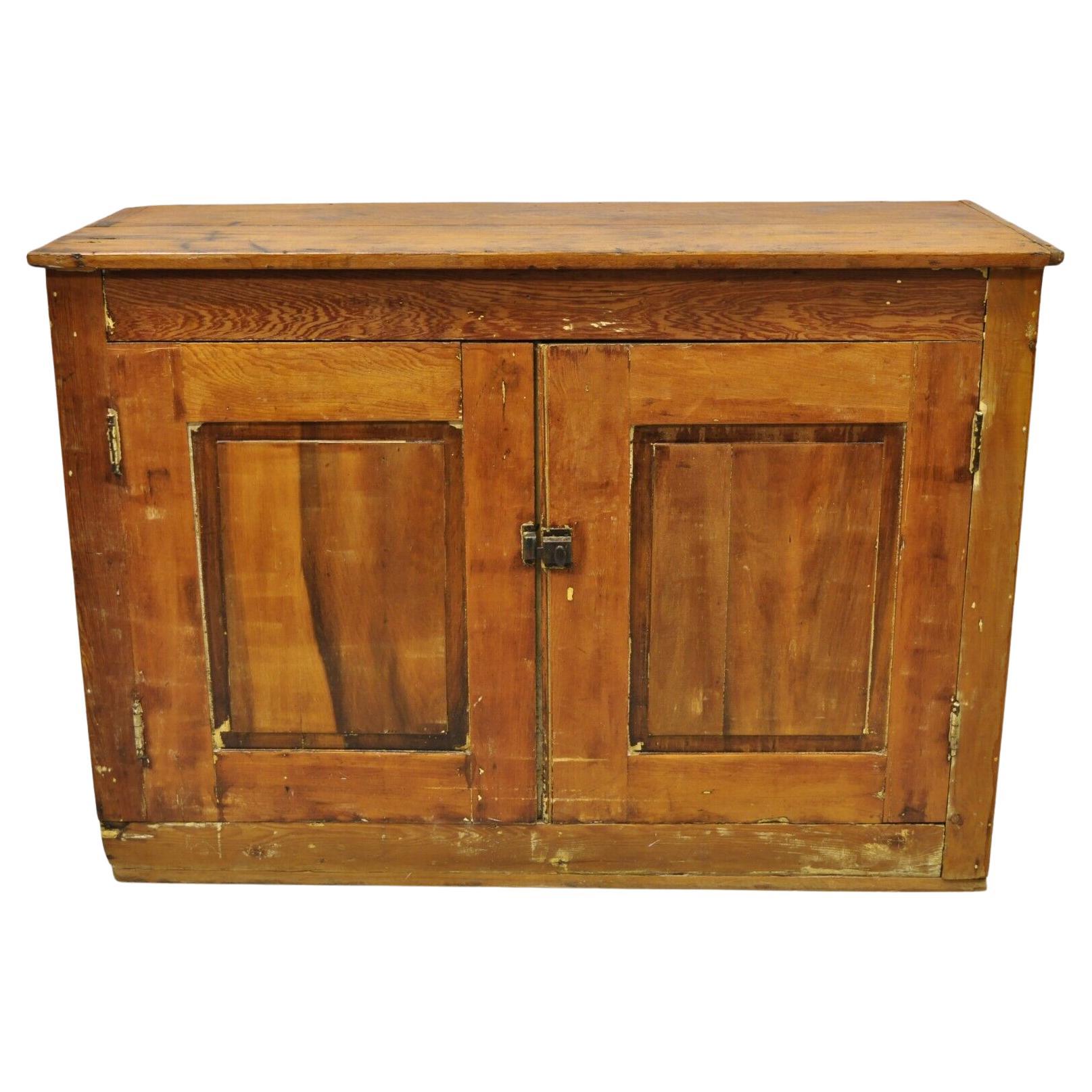 Antique American Primitive Country Pine Wood 2 Door Cupboard Hutch Cabinet For Sale
