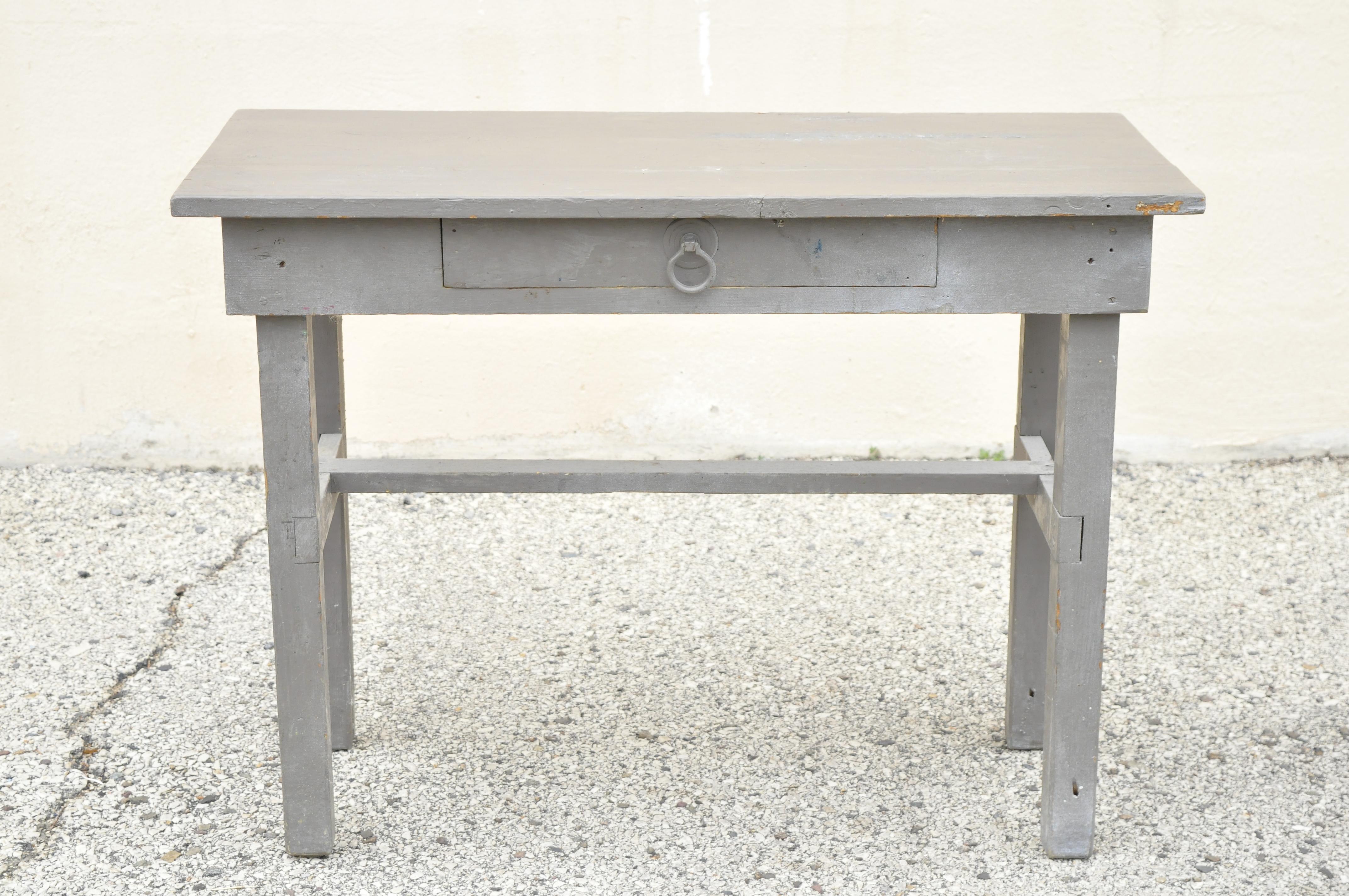 Antique American gray distress painted one drawer small work table desk. Item features solid wood construction, distressed finish, 1 drawers, very nice antique item, great style and form. Circa Early 1900s. Measurements: 26.5