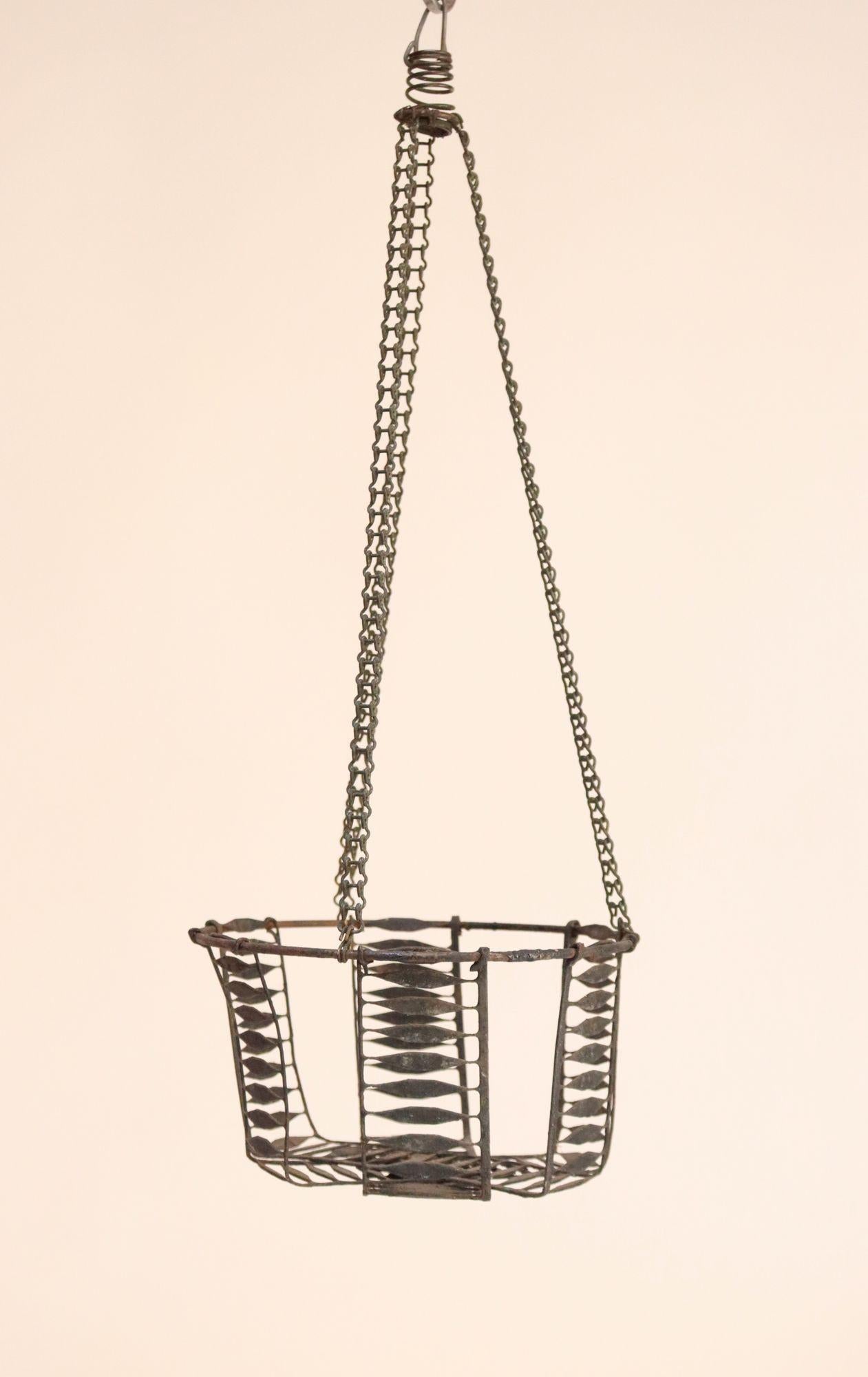 Rustic Antique American Primitive Hanging Wire Egg Basket / Planter For Sale