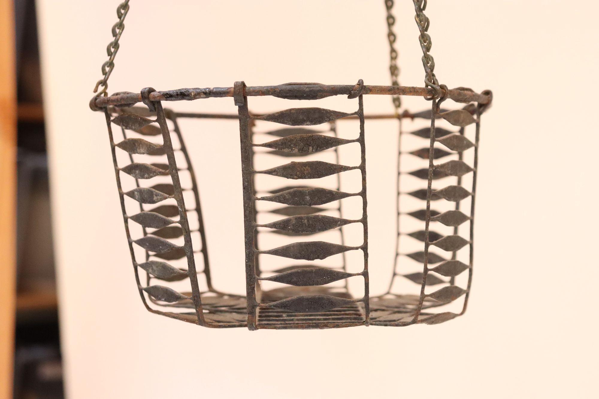 19th Century Antique American Primitive Hanging Wire Egg Basket / Planter For Sale