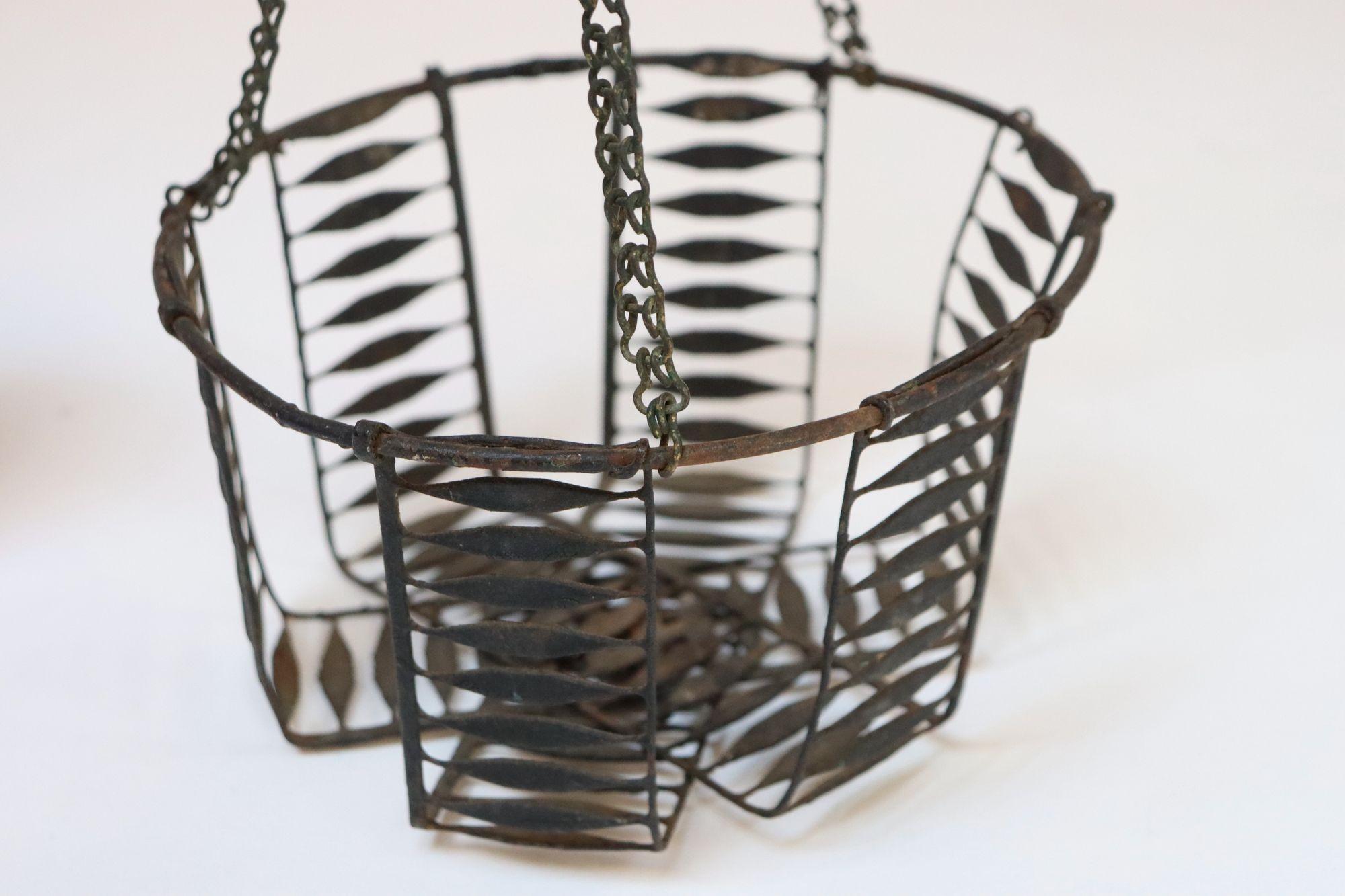 Metal Antique American Primitive Hanging Wire Egg Basket / Planter For Sale