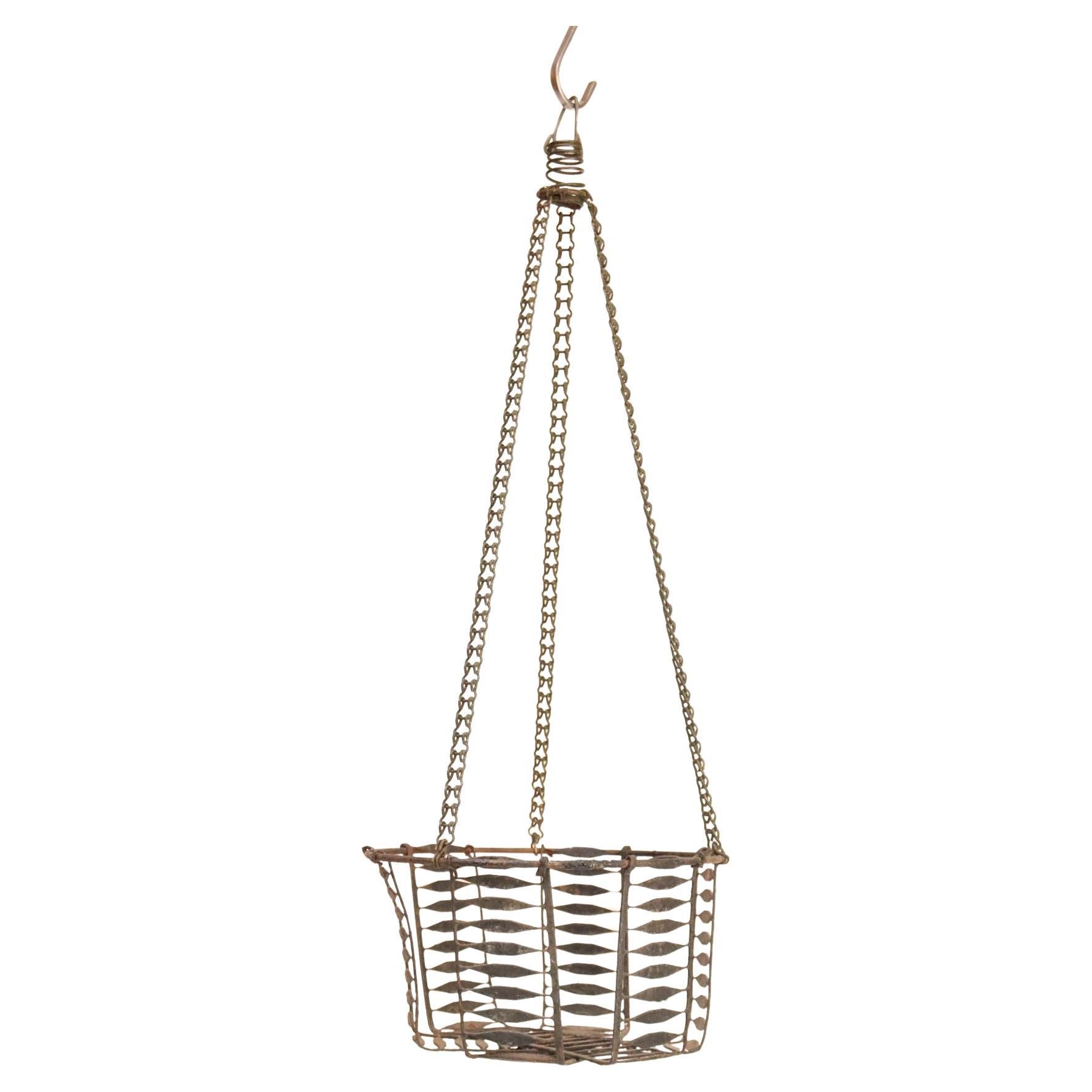 Antique American Primitive Hanging Wire Egg Basket / Planter For Sale