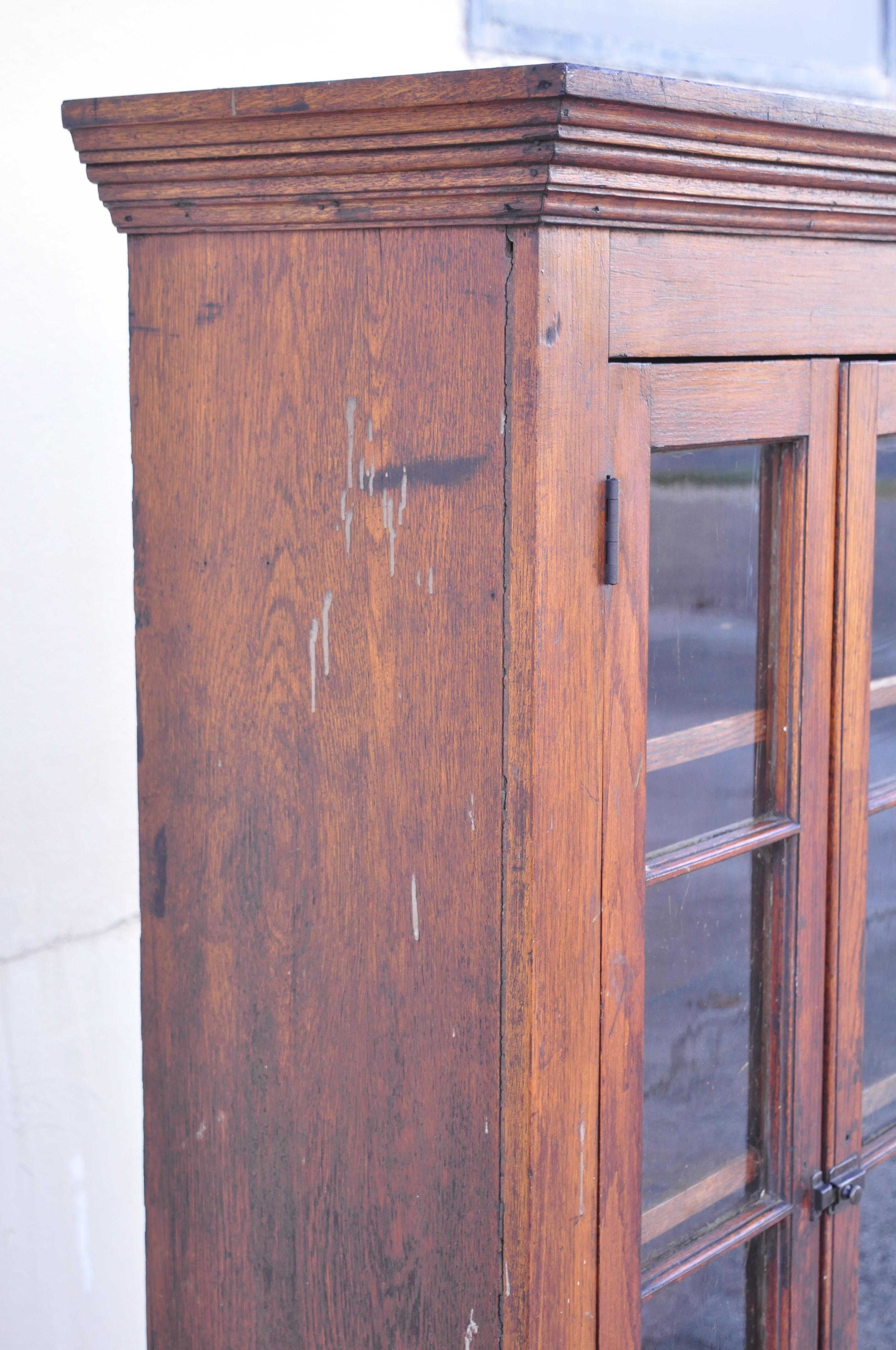 Antique American Rustic Oak Wood Cupboard Cabinet Hutch 2 Glass Doors 4