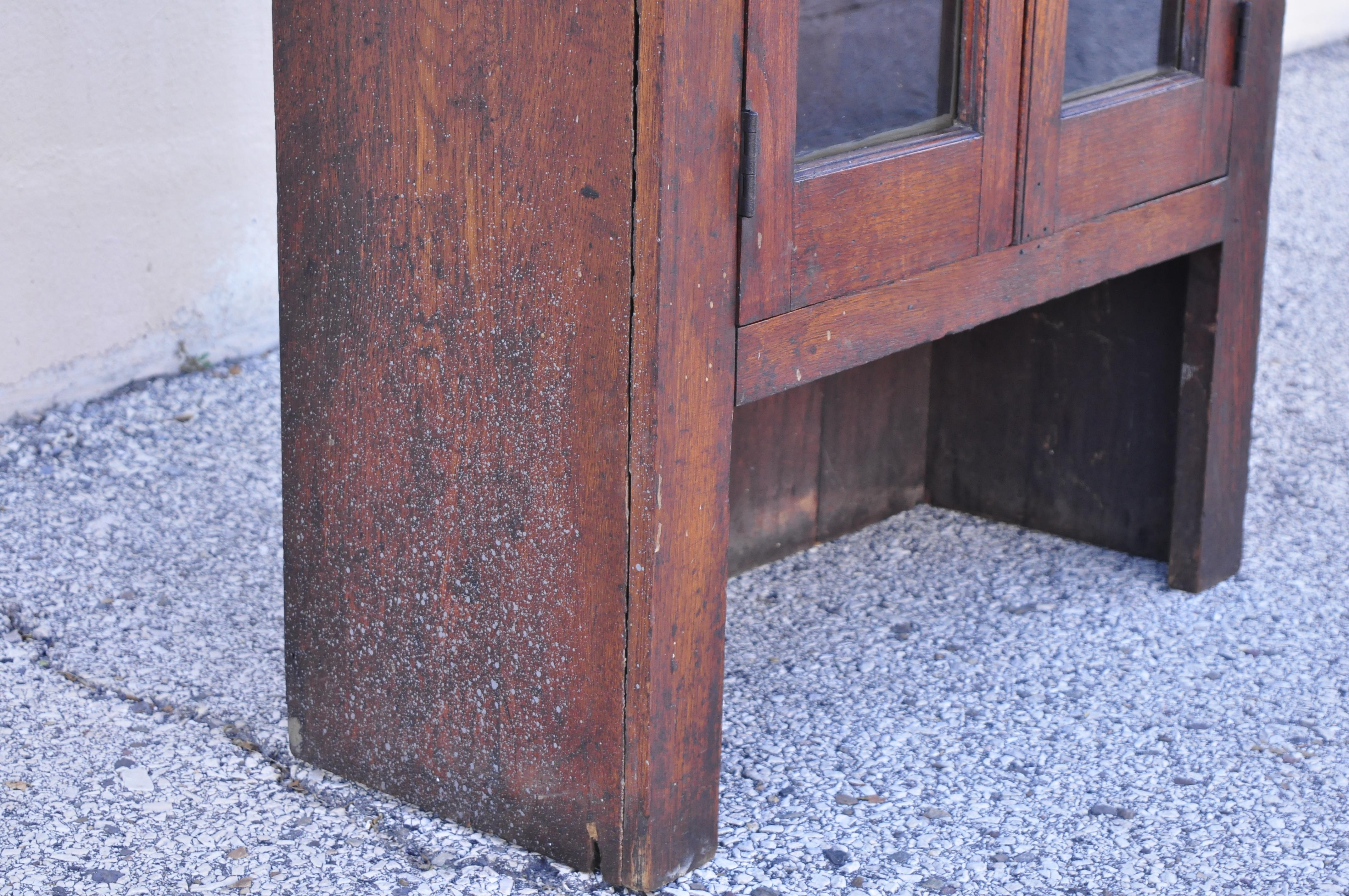 Antique American Rustic Oak Wood Cupboard Cabinet Hutch 2 Glass Doors 5