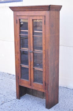 Antique American Rustic Oak Wood Cupboard Cabinet Hutch 2 Glass Doors