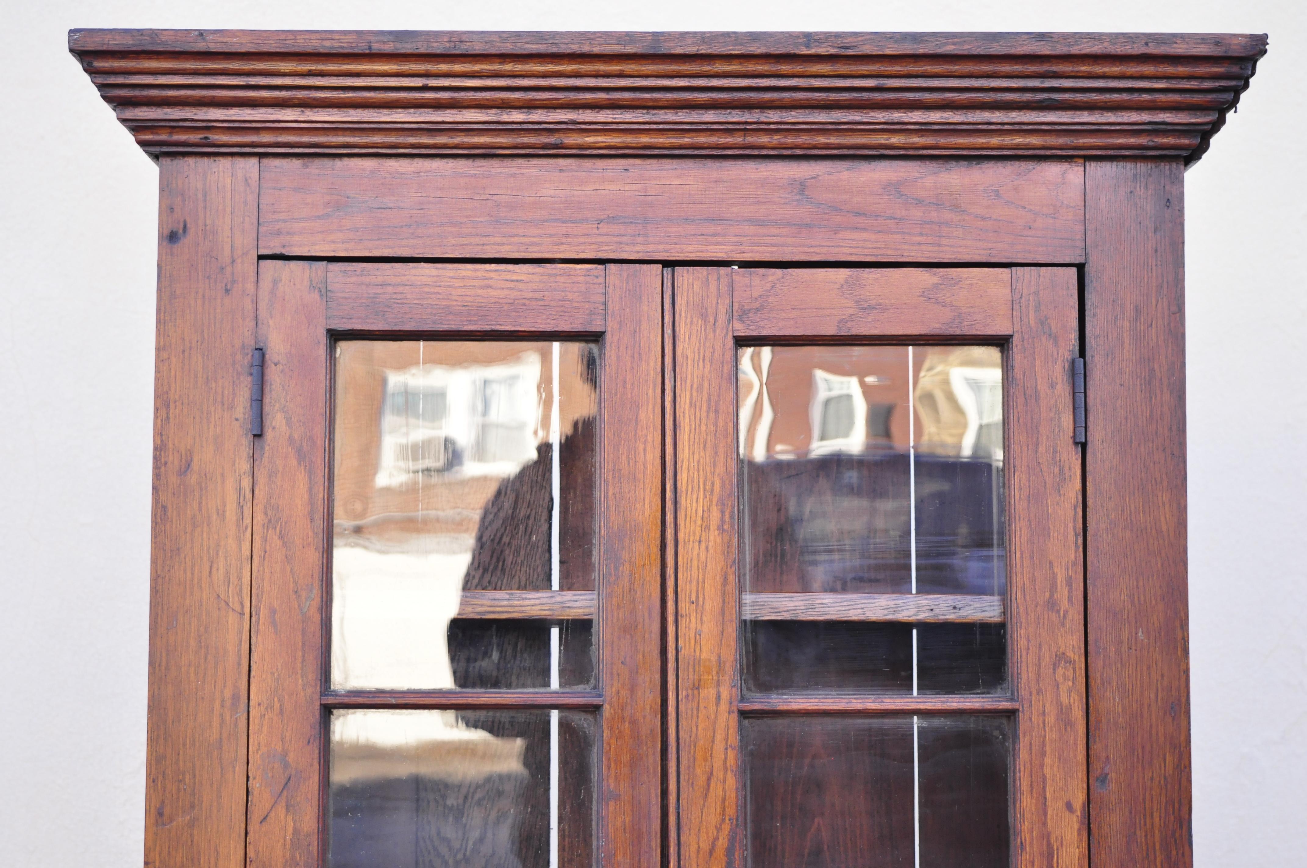 Primitive Antique American Rustic Oak Wood Cupboard Cabinet Hutch 2 Glass Doors