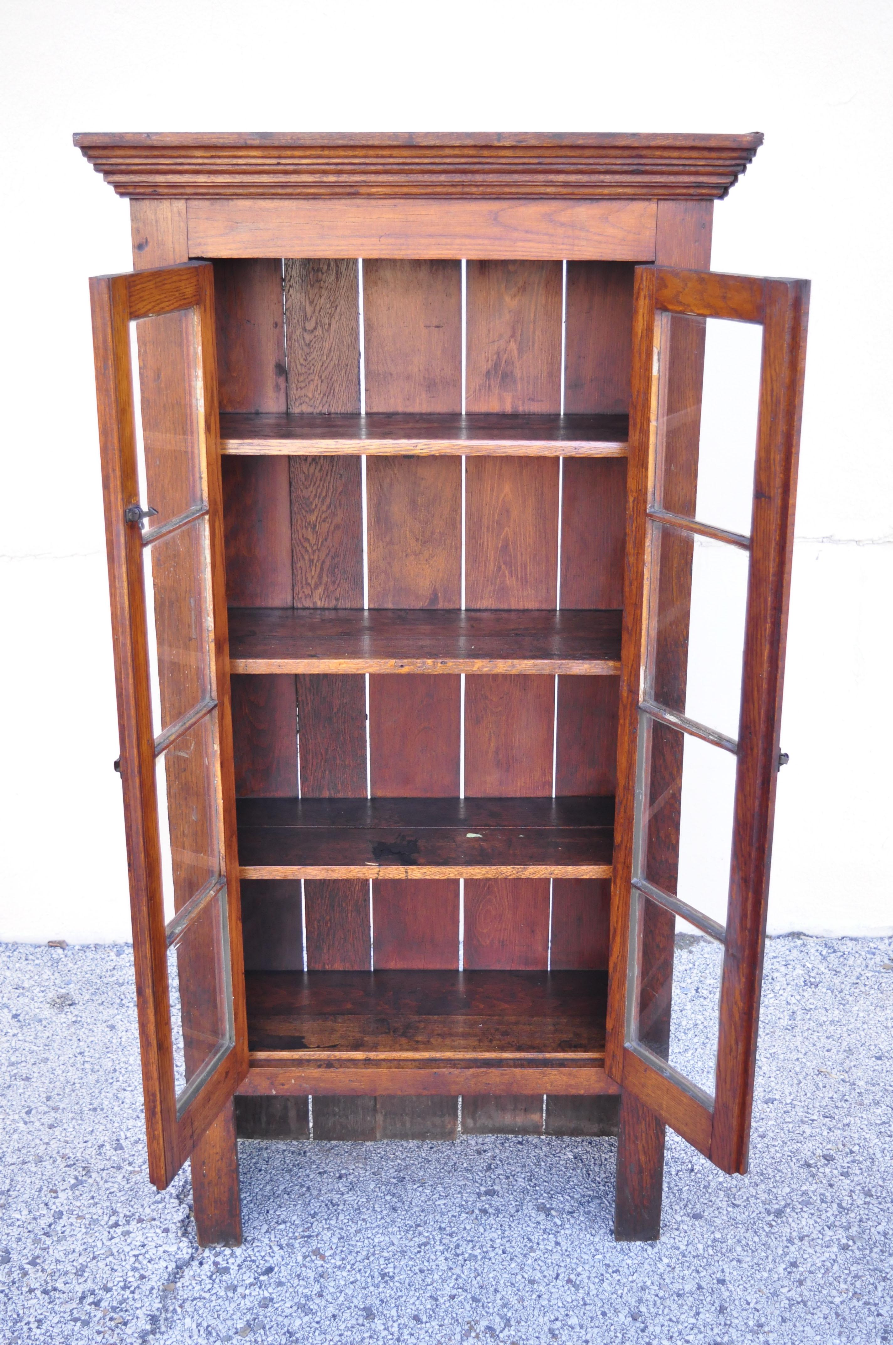 20th Century Antique American Rustic Oak Wood Cupboard Cabinet Hutch 2 Glass Doors