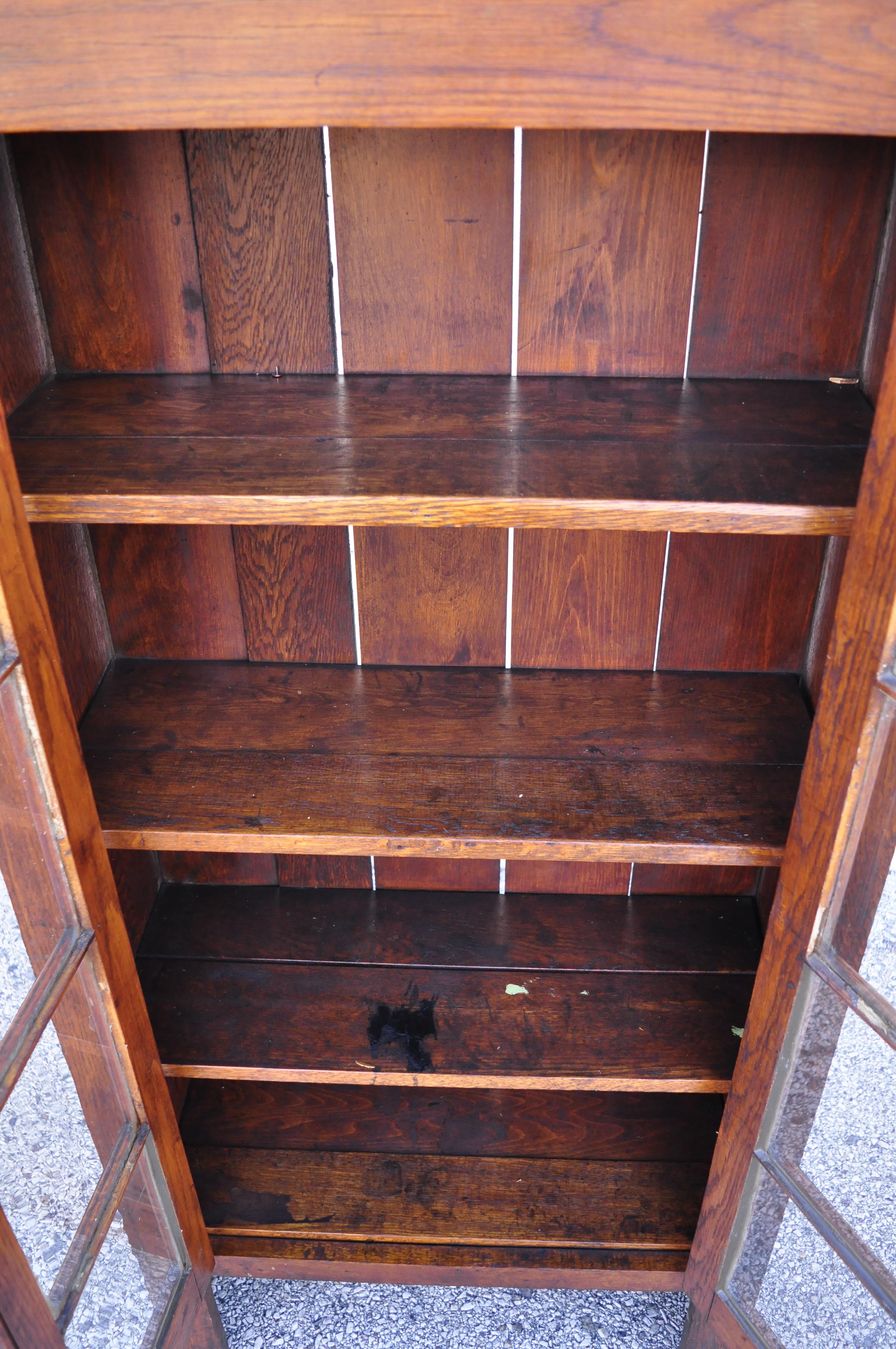 Antique American Rustic Oak Wood Cupboard Cabinet Hutch 2 Glass Doors 1