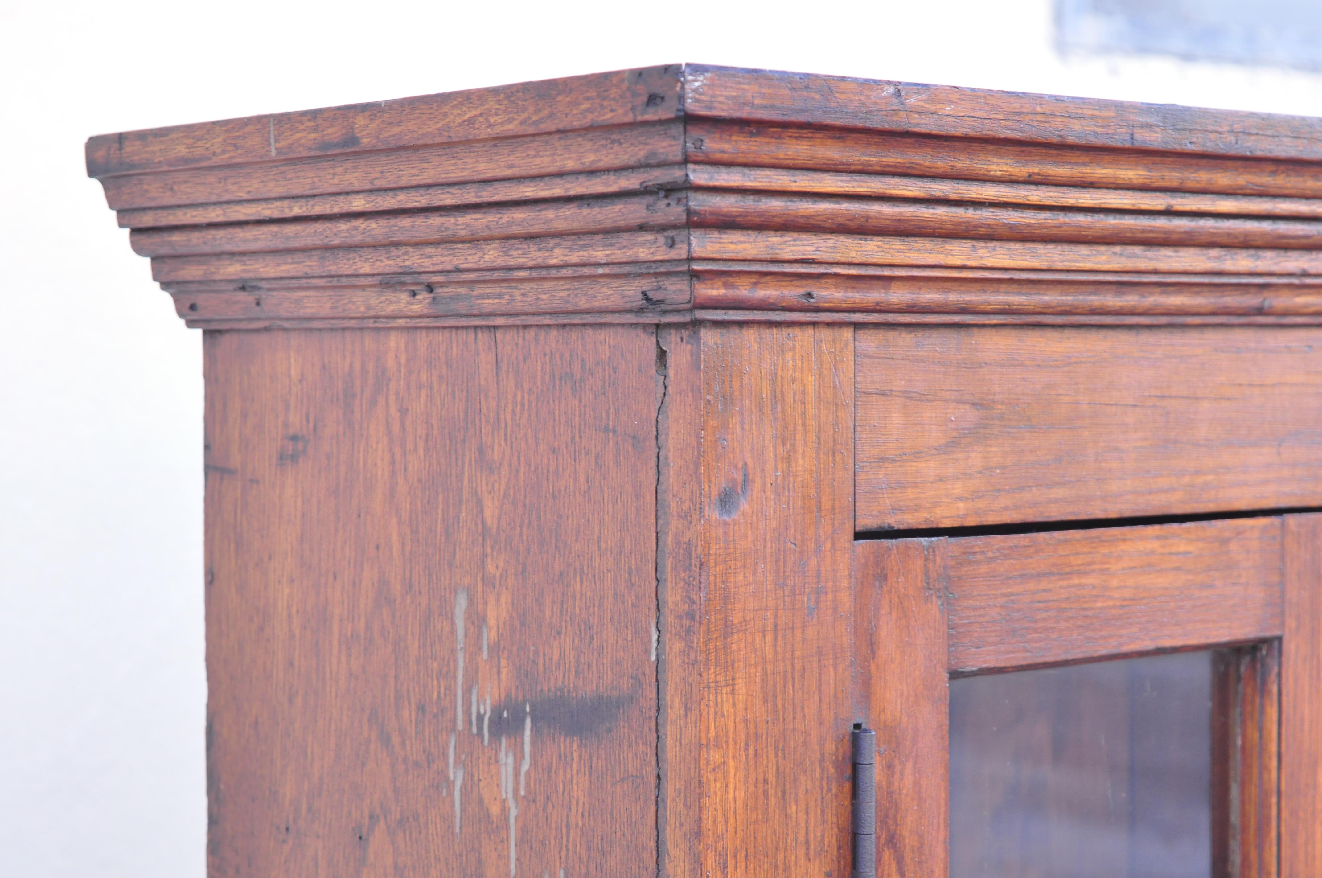 Antique American Rustic Oak Wood Cupboard Cabinet Hutch 2 Glass Doors 3