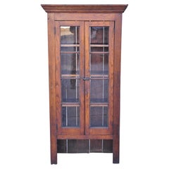 Antique American Rustic Oak Wood Cupboard Cabinet Hutch 2 Glass Doors