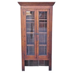 Antique American Rustic Oak Cupboard Cabinet Hutch 2 Glass Doors