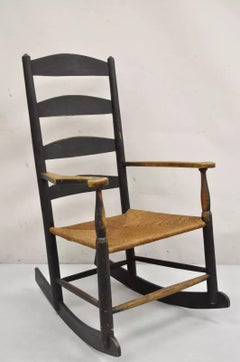 Antique American Rustic Shaker Ebonized Wood Rush Seat Rocker Rocking Chair